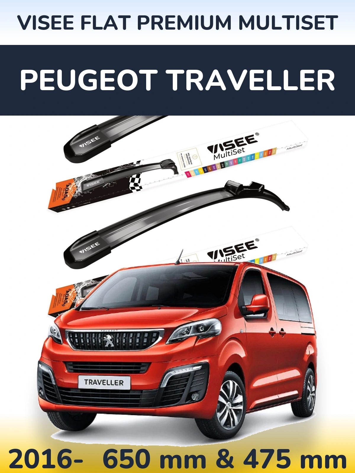 Komplet przednich wycieraczek VISEE FLAT PREMIUM MultiSet 650 & 475 mm do Peugeot Traveller 2016-2026