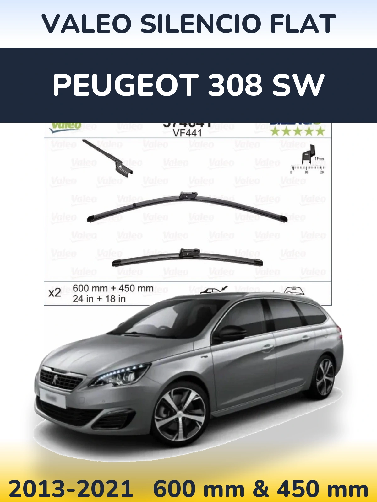 Комплект передних дворников Valeo Silencio Flat 600 & 450 мм для Peugeot 308 SW 2013-2021