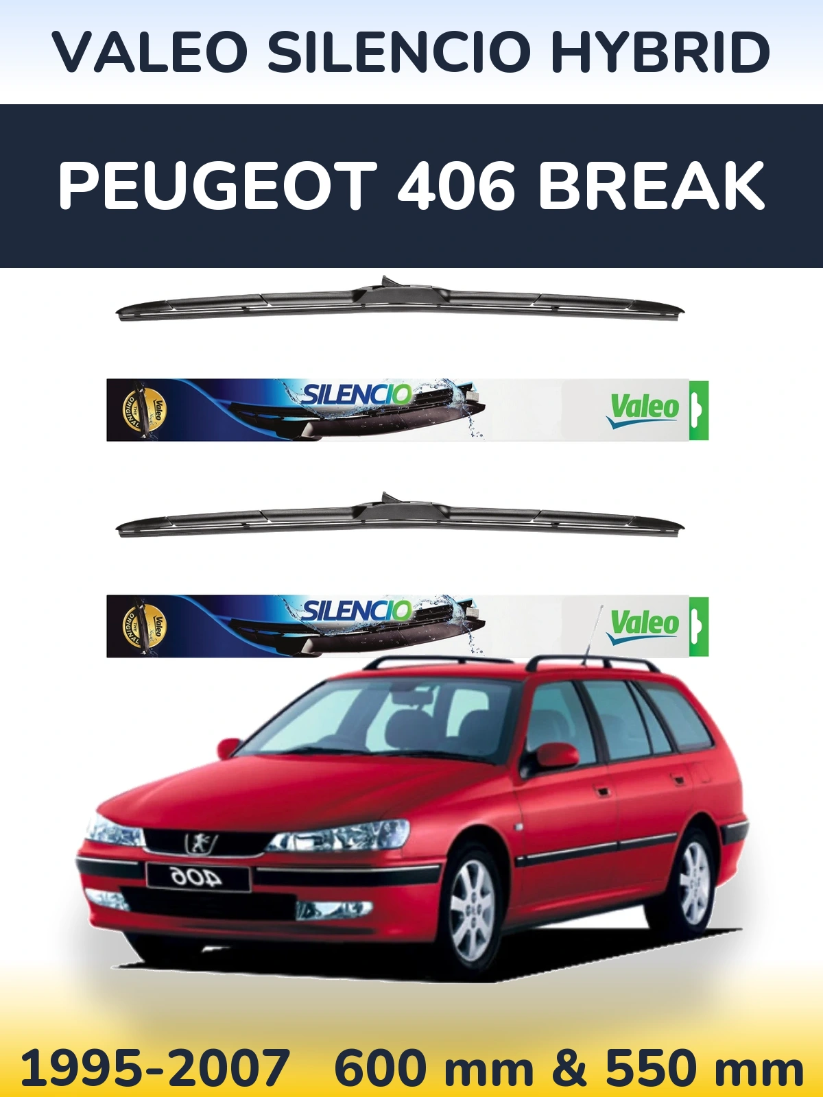 Komplet przednich wycieraczek Valeo Silencio Hybrid 600 & 550 mm do Peugeot 406 Break 1995-2007