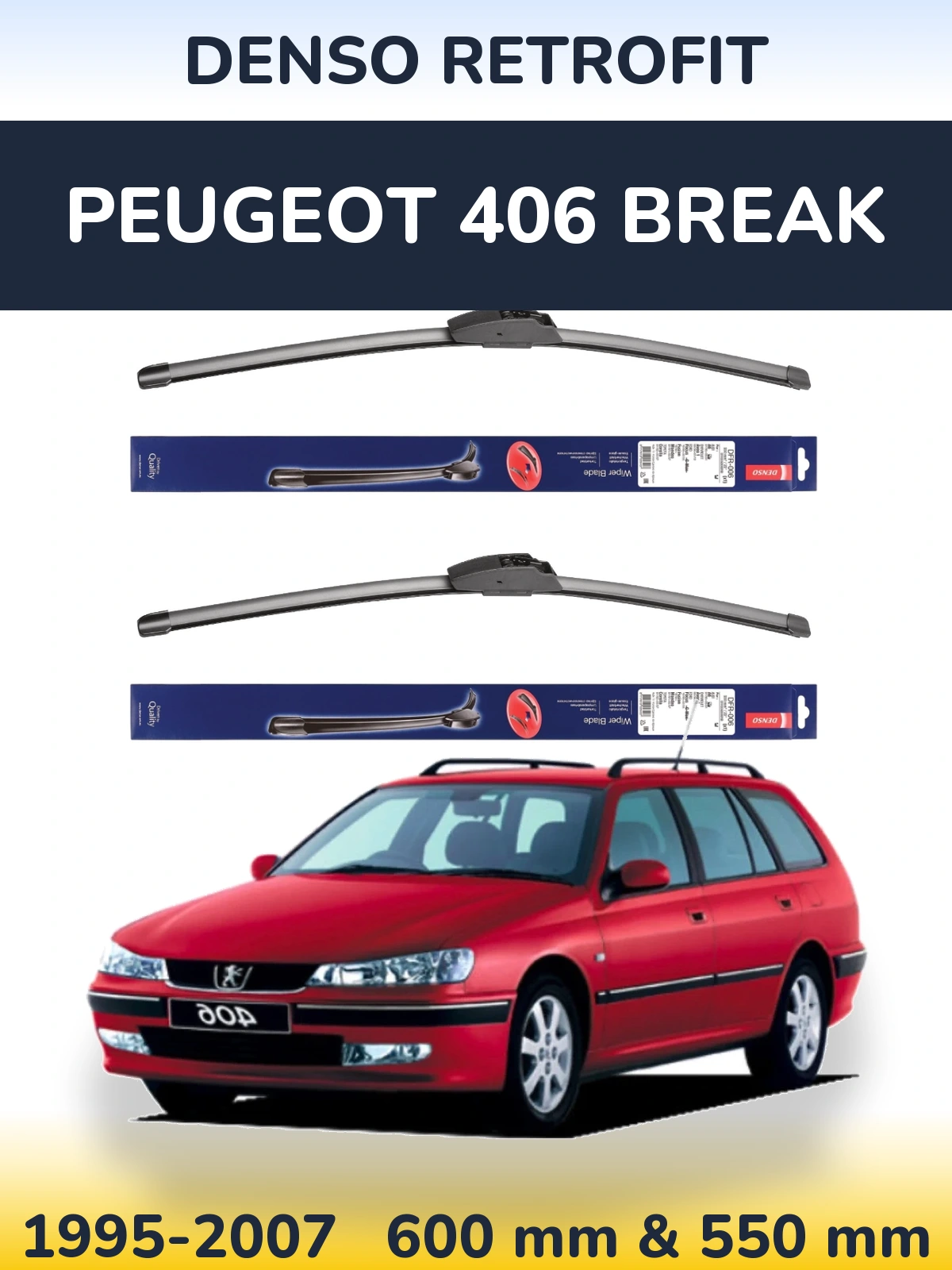 Komplet przednich wycieraczek Denso Retrofit 600 & 550 mm do Peugeot 406 Break 1995-2007
