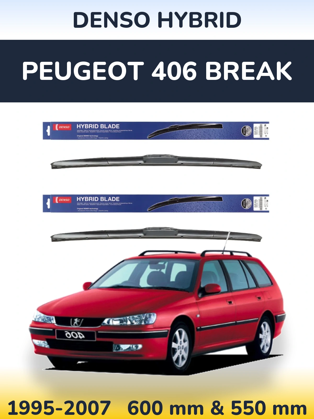 Komplet przednich wycieraczek Denso Hybrid 600 & 550 mm do Peugeot 406 Break 1995-2007