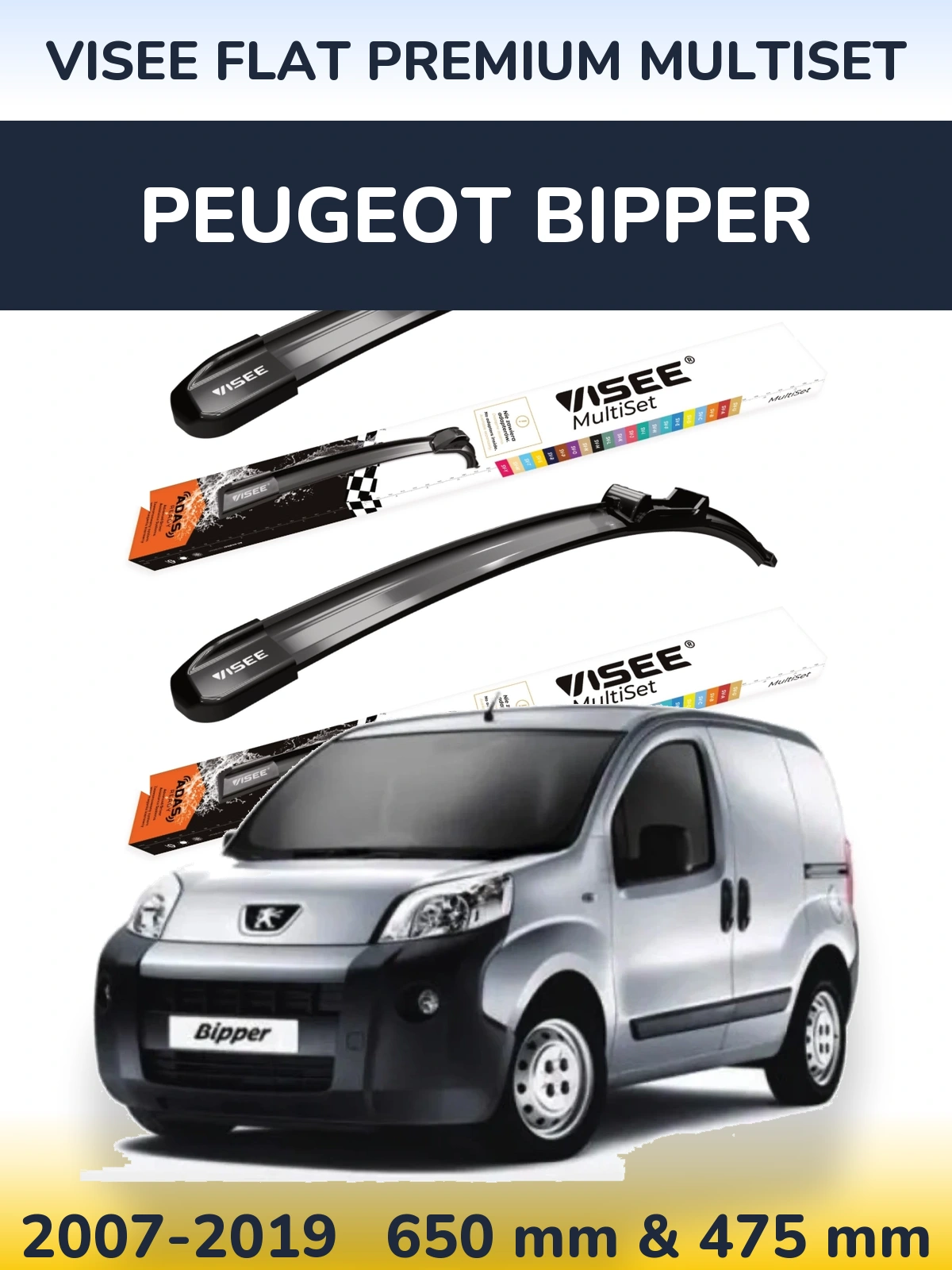 Front wiper blade set VISEE FLAT PREMIUM MultiSet 650 & 475 mm for Peugeot Bipper 2007-2019