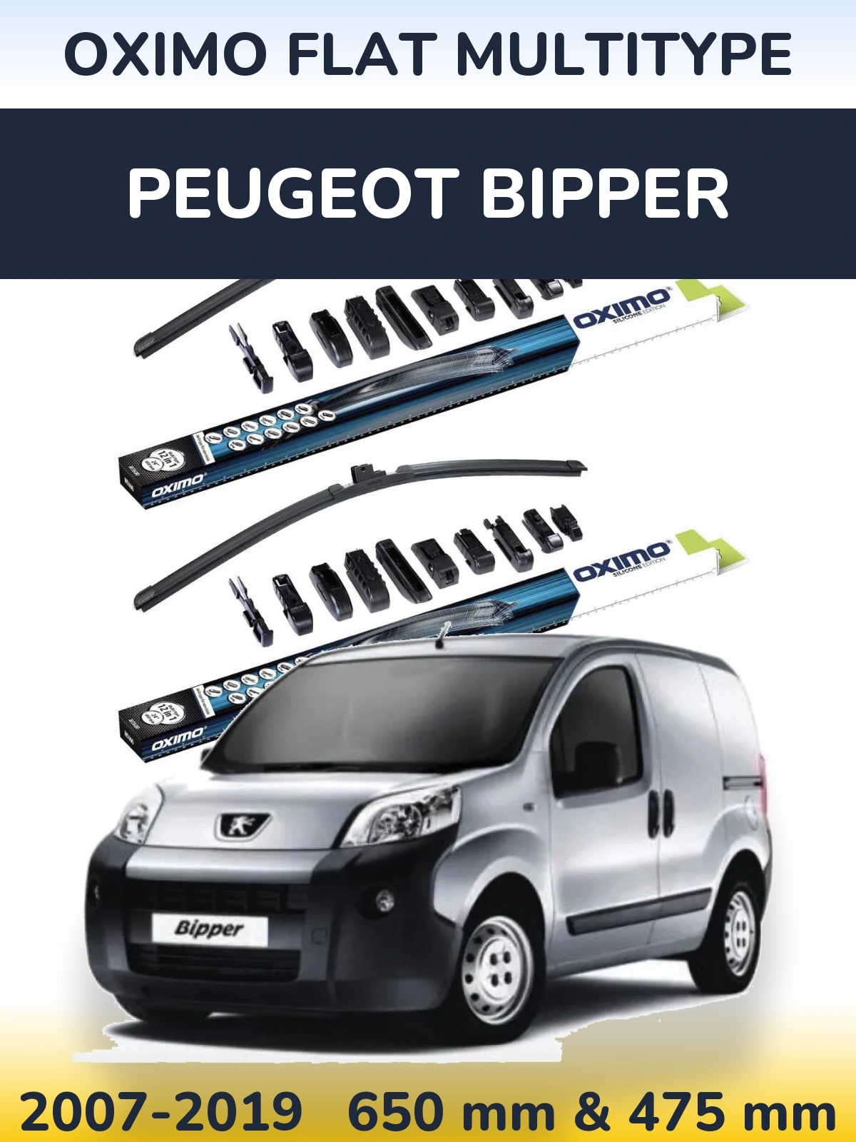 Front wiper blade set Oximo Flat MultiTypee 650 & 475 mm for Peugeot Bipper 2007-2019