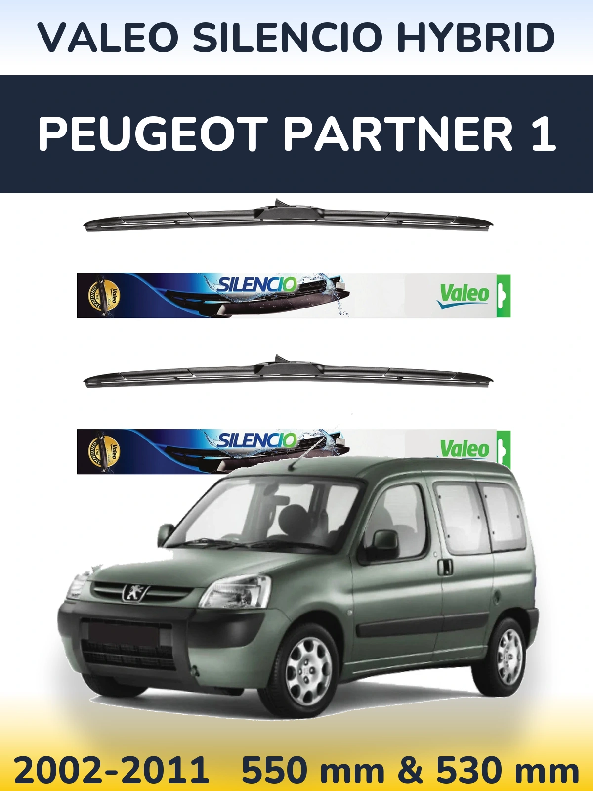 Komplet przednich wycieraczek Valeo Silencio Hybrid 550 & 530 mm do Peugeot Partner 1 2002-2011