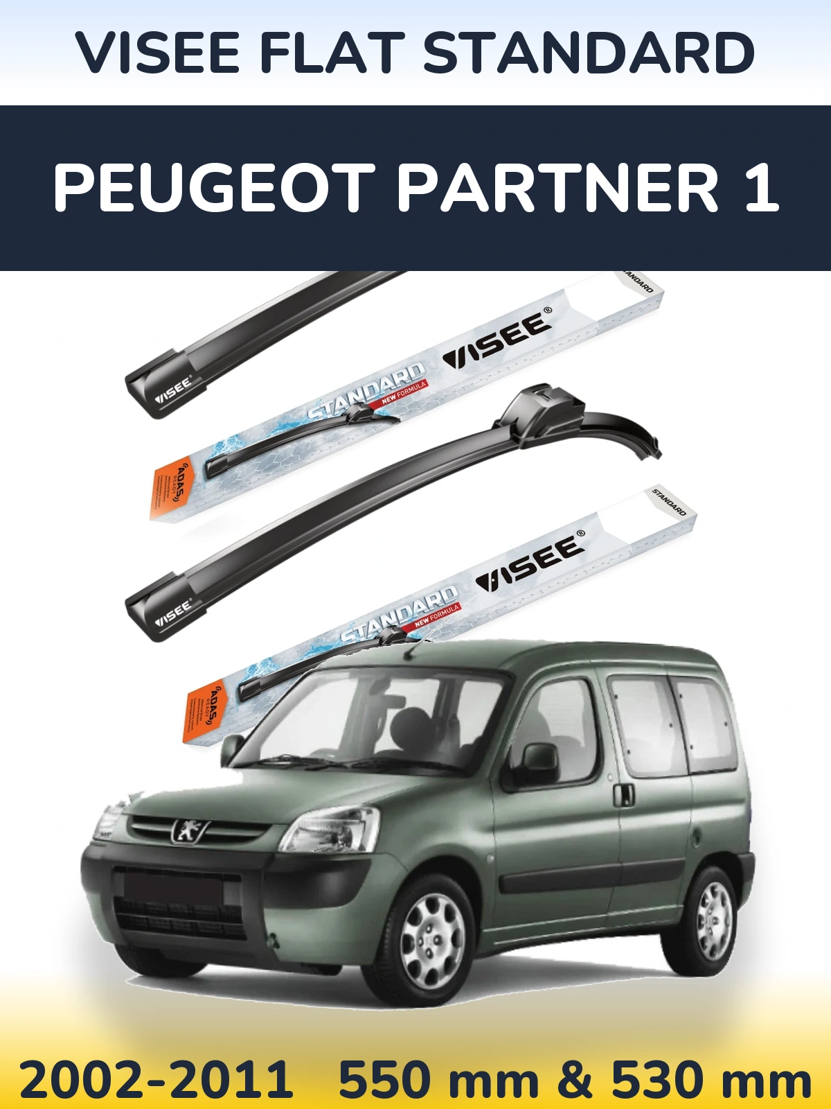 Komplet przednich wycieraczek VISEE FLAT STANDARD 550 & 530 mm do Peugeot Partner 1 2002-2011