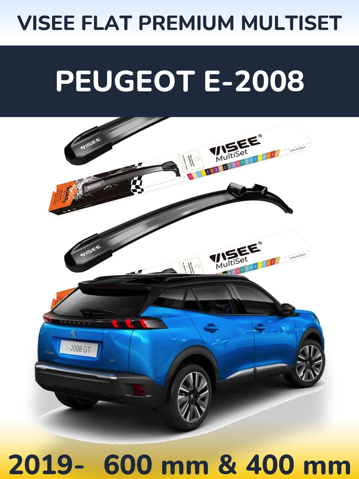 Komplet przednich wycieraczek VISEE FLAT PREMIUM MultiSet 600 & 400 mm do Peugeot e-2008 2019-2026