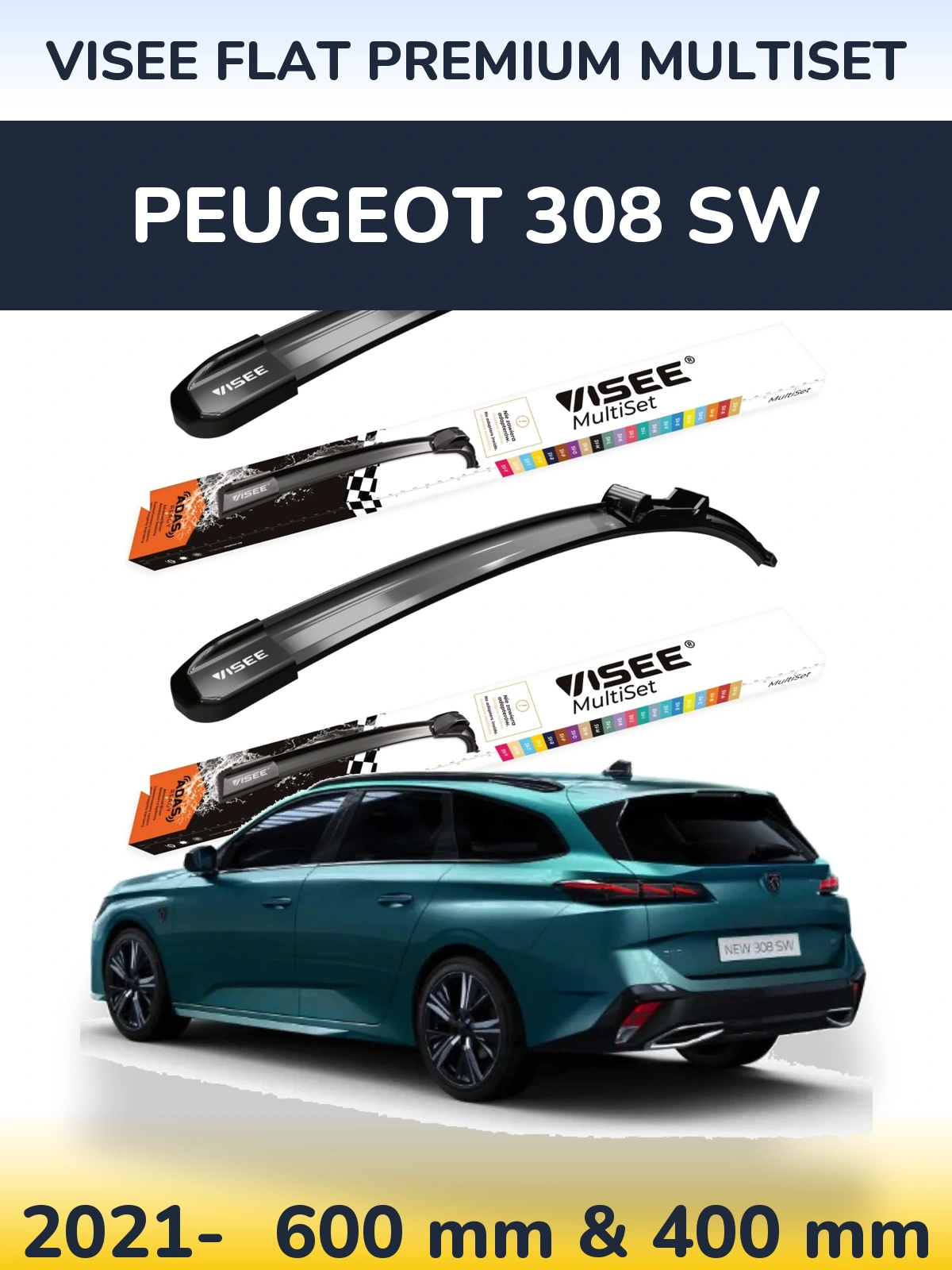 Komplet przednich wycieraczek VISEE FLAT PREMIUM MultiSet 600 & 400 mm do Peugeot 308 SW 2021-2026