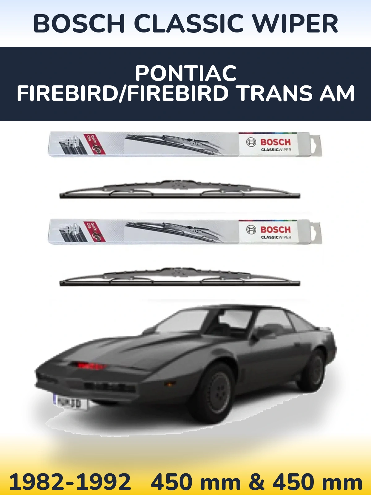Front wiper blade set BOSCH Classic Wiper 450 & 450 mm for Pontiac Firebird/Firebird Trans Am 1982-1992