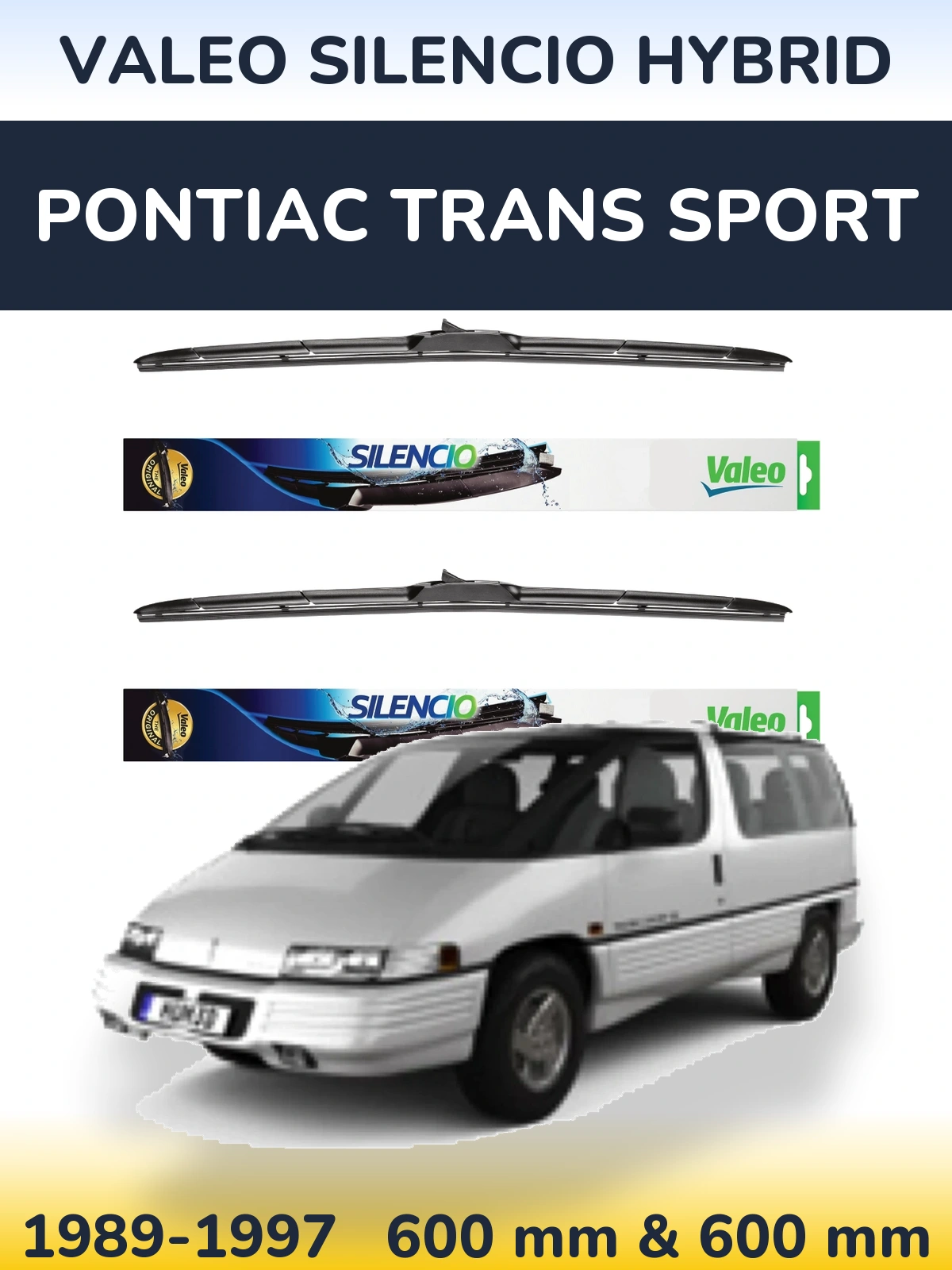 Front wiper blade set Valeo Silencio Hybrid 600 & 600 mm for Pontiac Trans Sport 1989-1997
