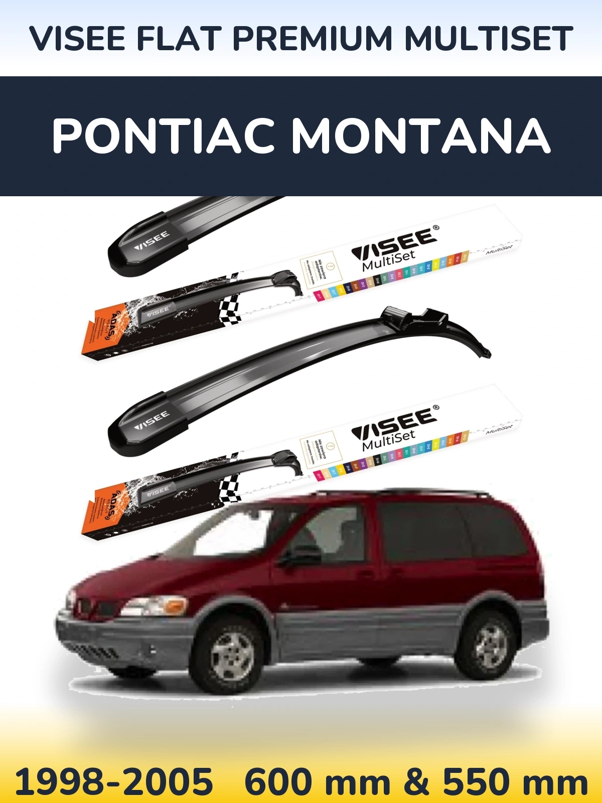 Комплект передних дворников VISEE FLAT PREMIUM MultiSet 600 & 550 мм для Pontiac Montana 1998-2005