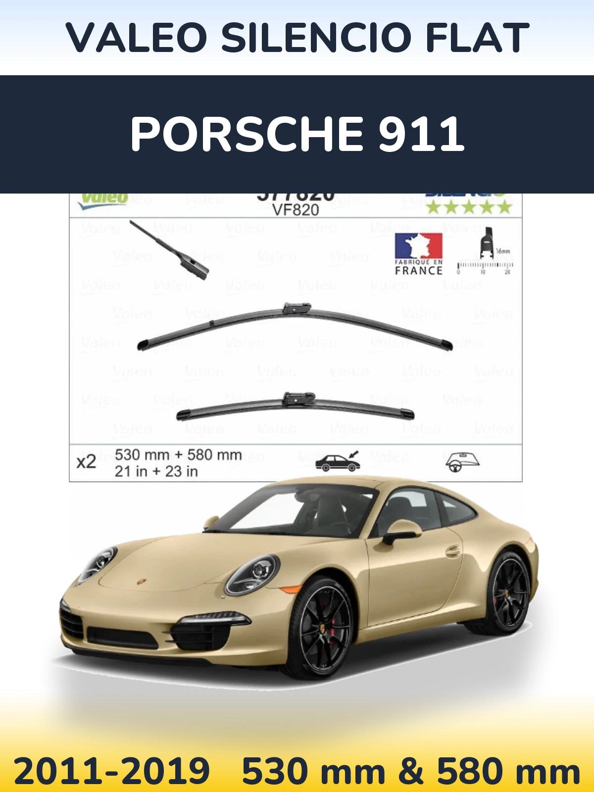 Комплект передних дворников Valeo Silencio Flat 530 & 580 мм для Porsche 911 2011-2019