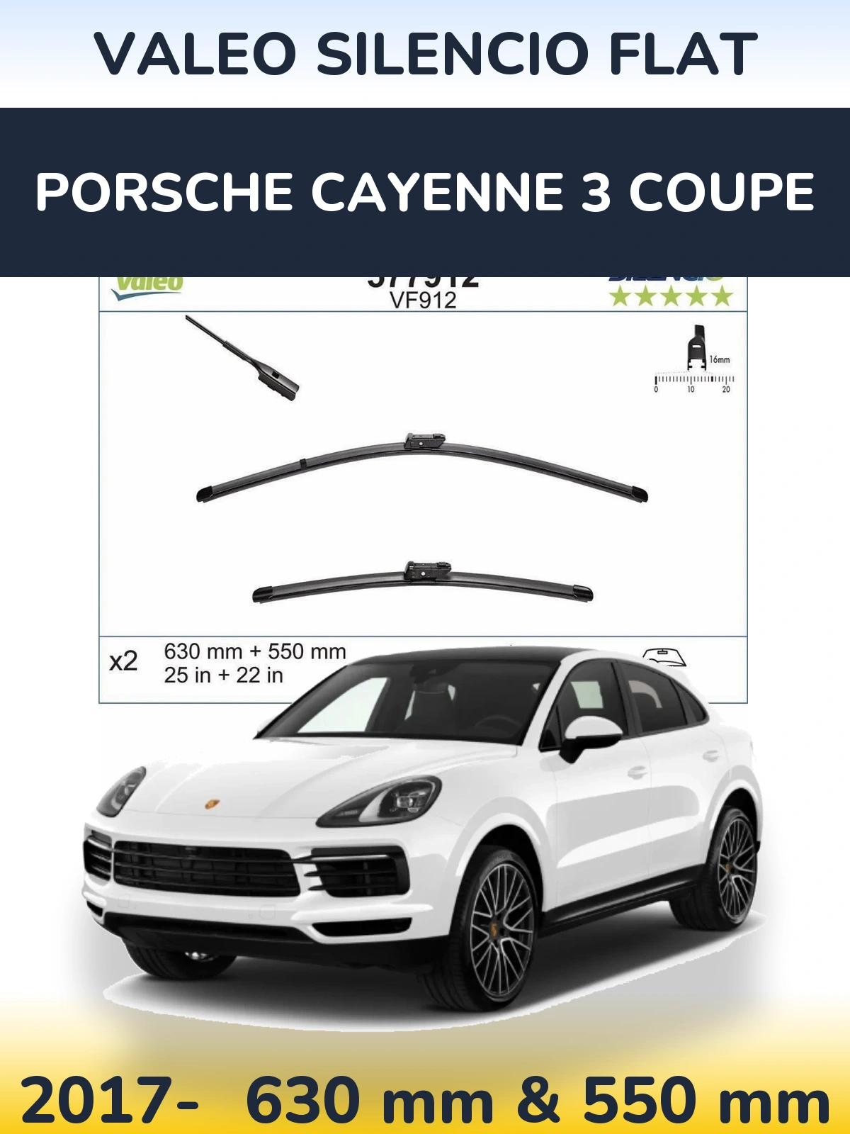 Komplet przednich wycieraczek Valeo Silencio Flat 630 & 550 mm do Porsche Cayenne 3 Coupe 2017-2026