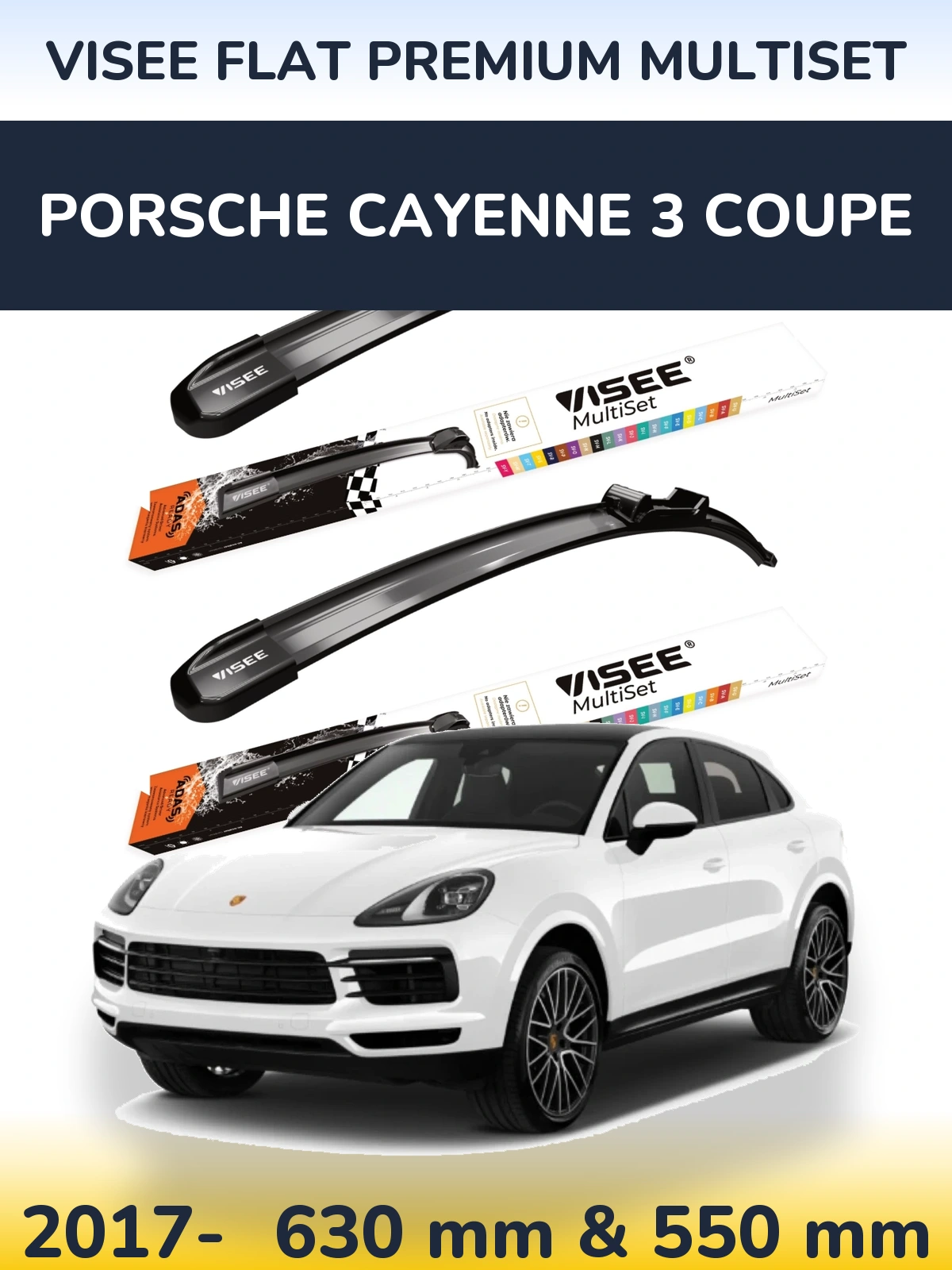 Front wiper blade set VISEE FLAT PREMIUM MultiSet 630 & 550 mm for Porsche Cayenne 3 Coupe 2017-2026
