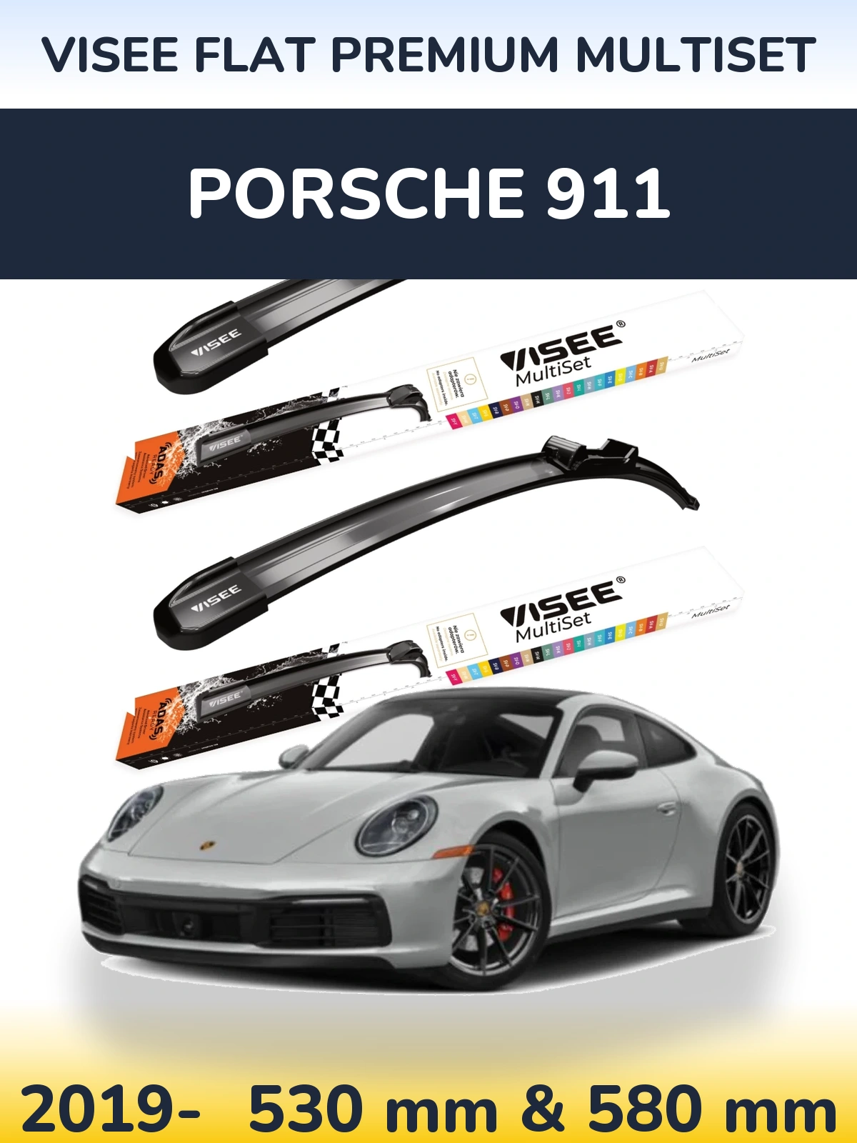 Комплект передних дворников VISEE FLAT PREMIUM MultiSet 530 & 580 мм для Porsche 911 2019-2026