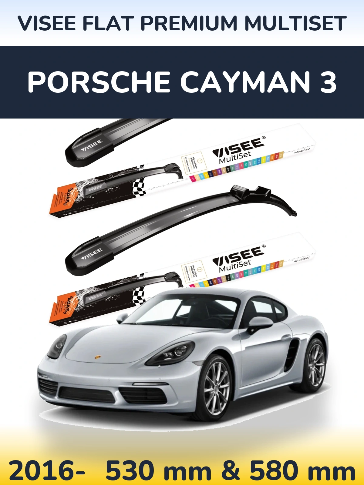 Komplet przednich wycieraczek VISEE FLAT PREMIUM MultiSet 530 & 580 mm do Porsche Cayman 3 2016-2026