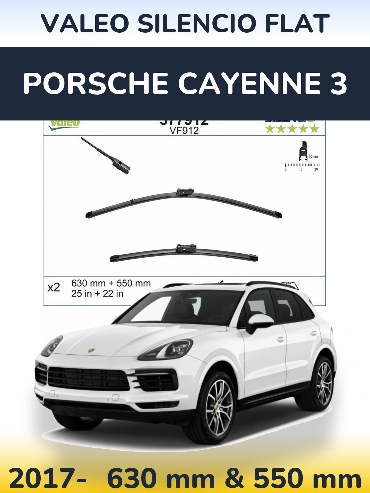 Komplet przednich wycieraczek Valeo Silencio Flat 630 & 550 mm do Porsche Cayenne 3 2017-2026