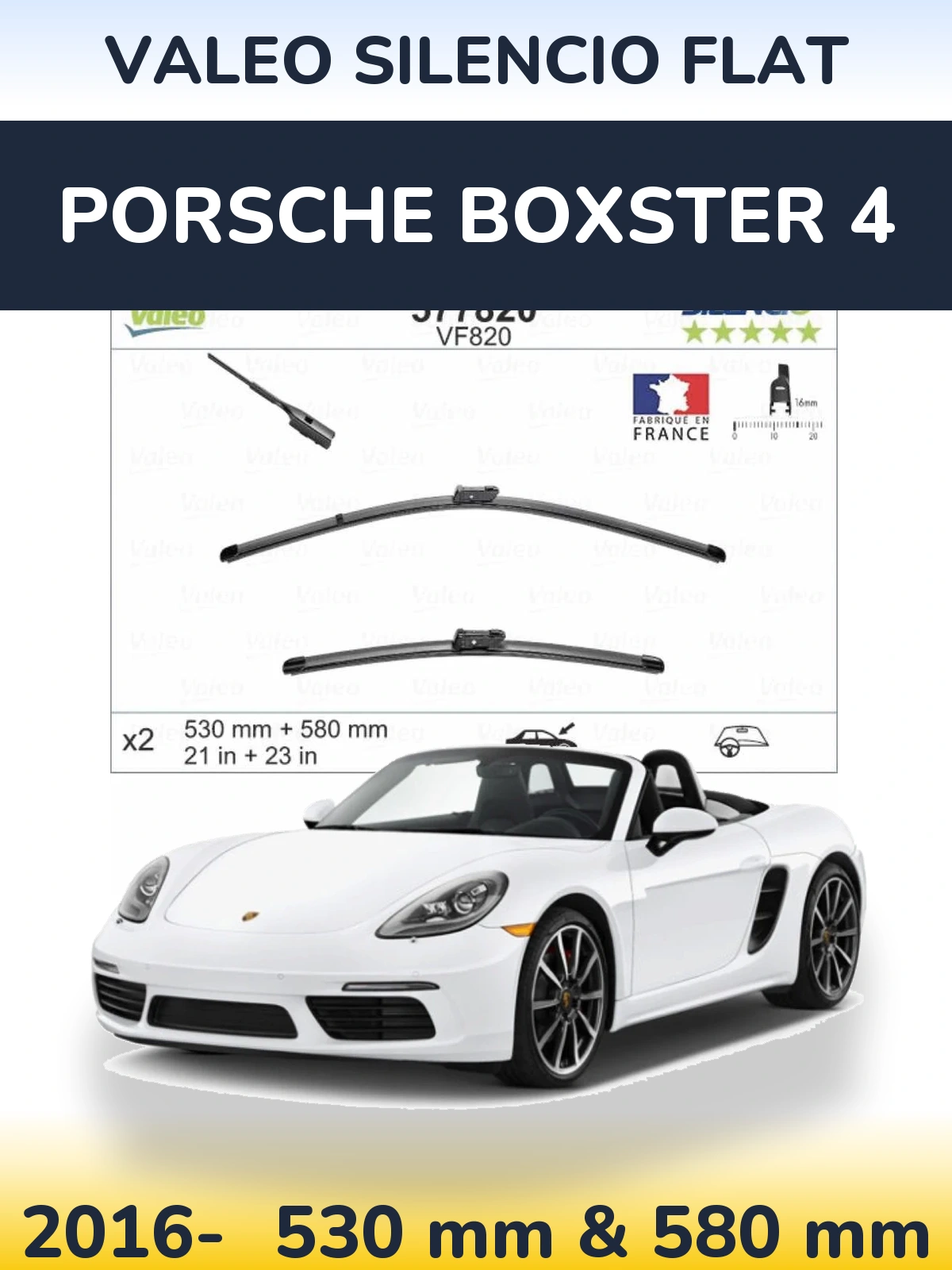 Komplet przednich wycieraczek Valeo Silencio Flat 530 & 580 mm do Porsche Boxster 4 2016-2026