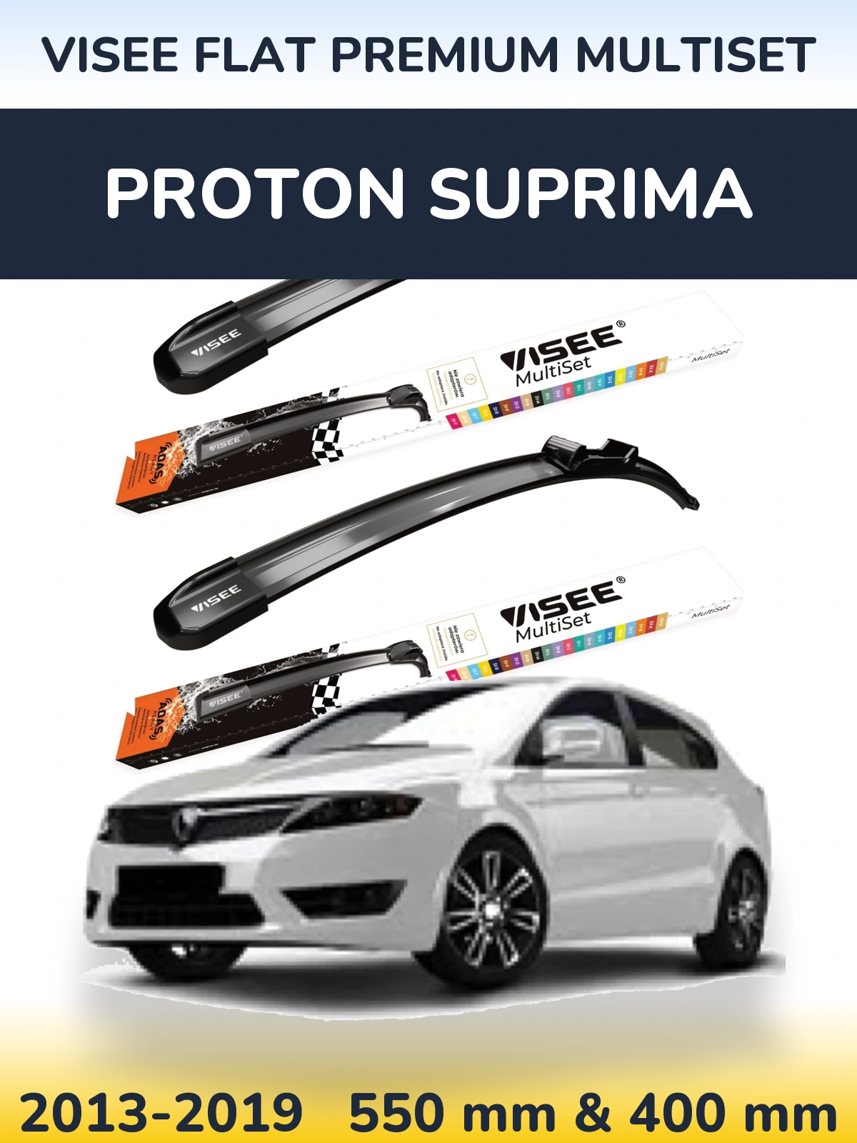 Komplet przednich wycieraczek VISEE FLAT PREMIUM MultiSet 550 & 400 mm do Proton Suprima 2013-2019