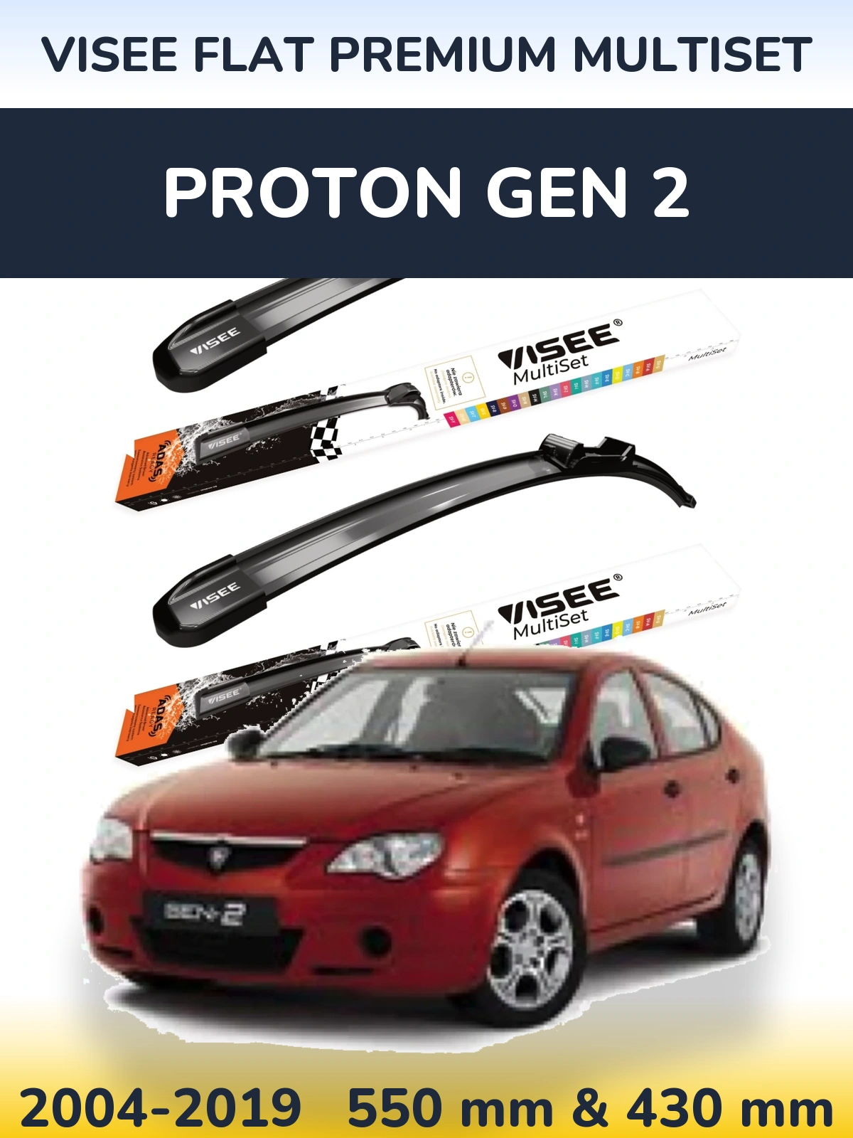 Komplet przednich wycieraczek VISEE FLAT PREMIUM MultiSet 550 & 430 mm do Proton Gen 2 2004-2019