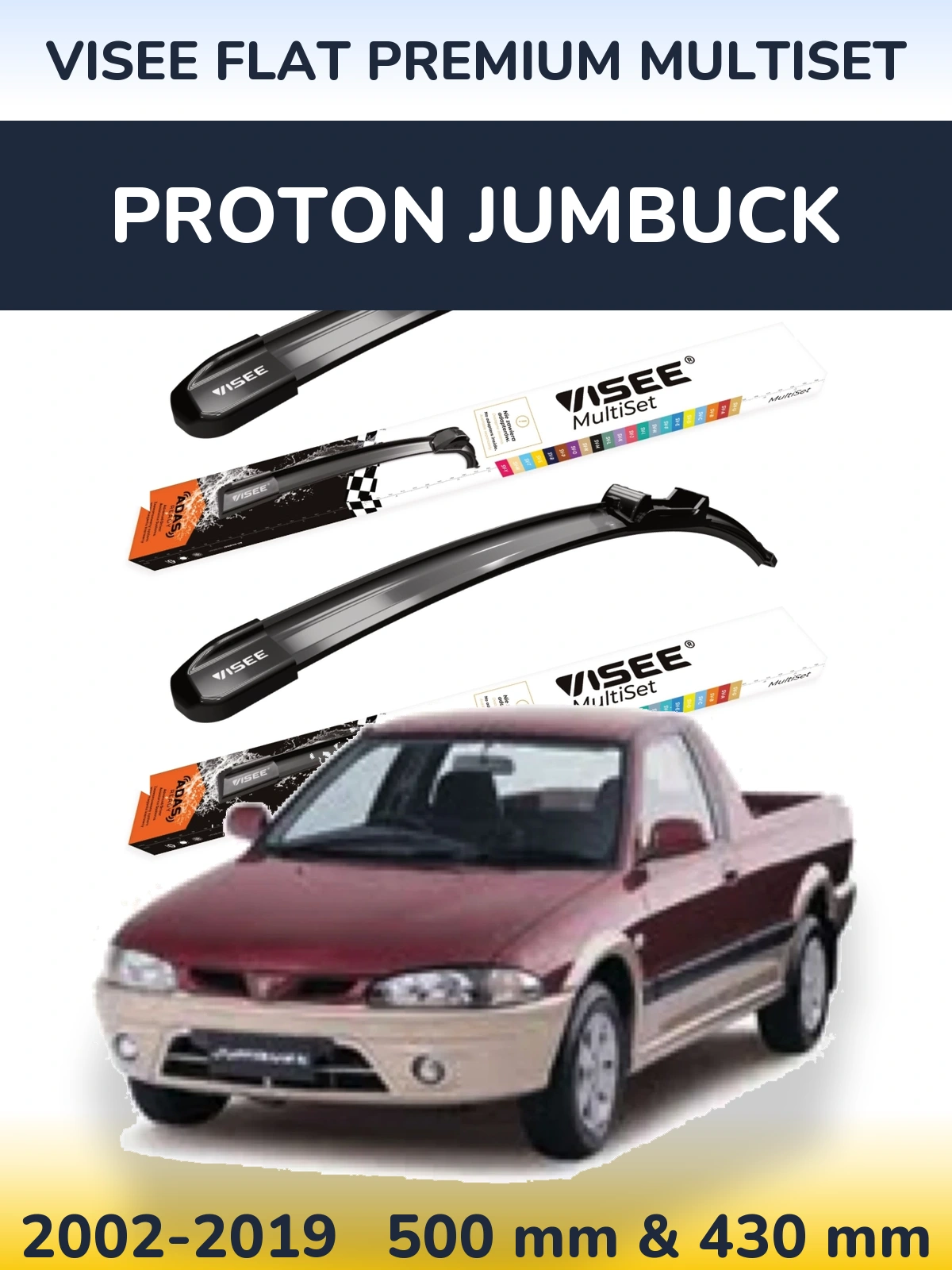 Komplet przednich wycieraczek VISEE FLAT PREMIUM MultiSet 500 & 430 mm do Proton Jumbuck 2002-2019