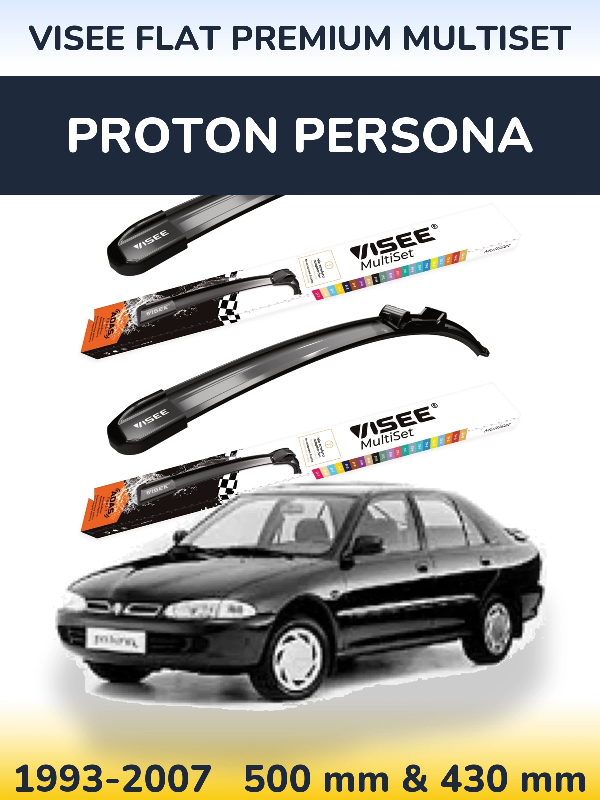Komplet przednich wycieraczek VISEE FLAT PREMIUM MultiSet 500 & 430 mm do Proton Persona 1993-2007