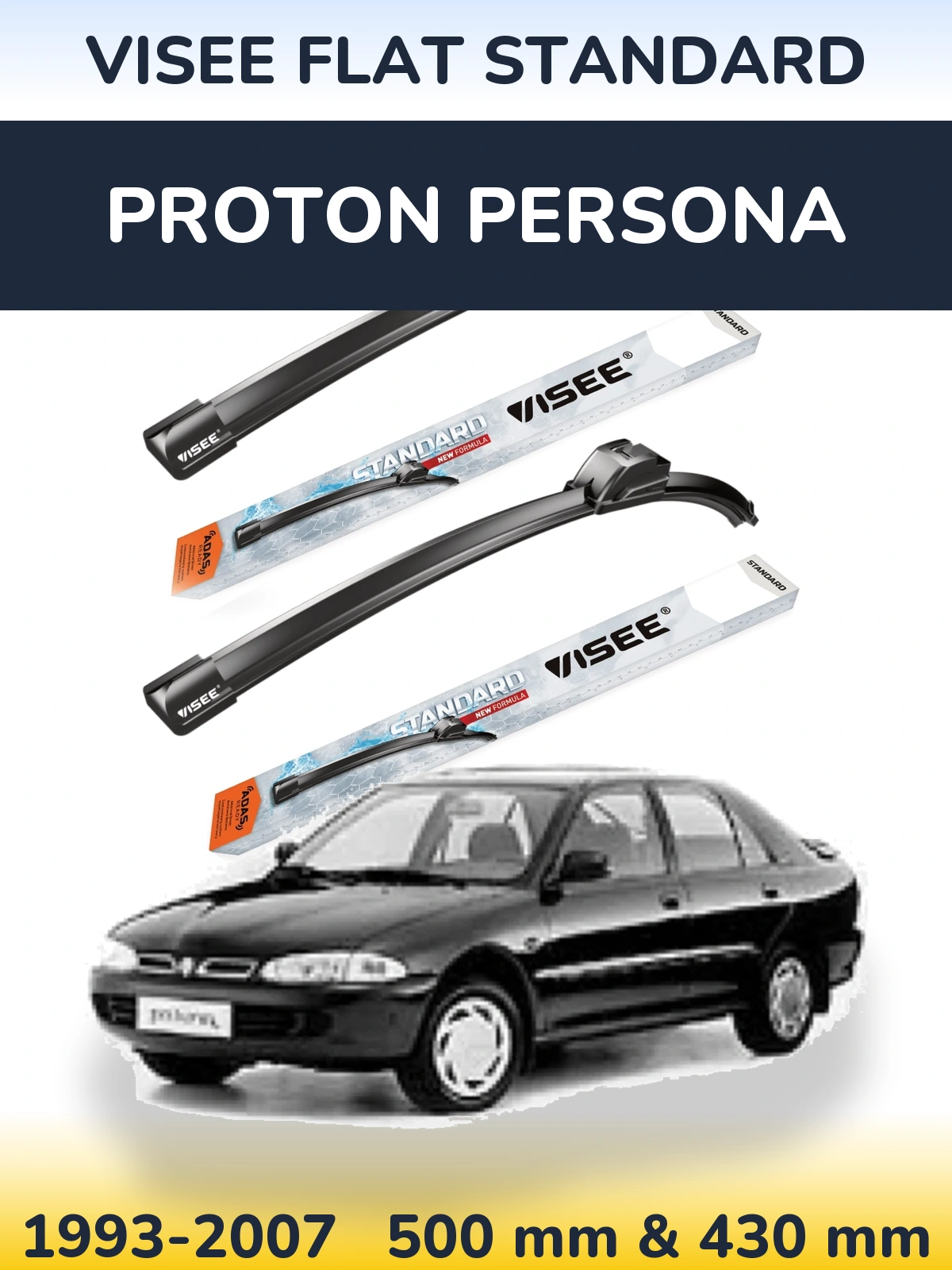 Komplet przednich wycieraczek VISEE FLAT STANDARD 500 & 430 mm do Proton Persona 1993-2007