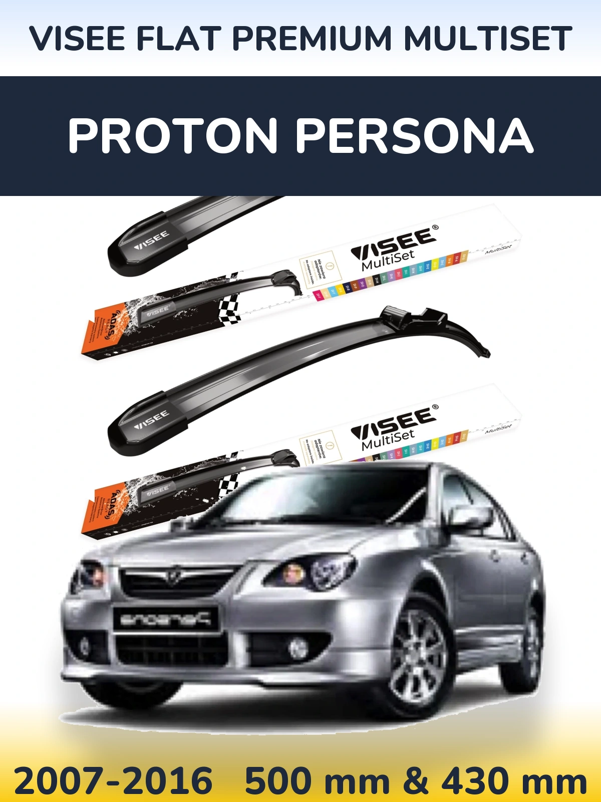 Komplet przednich wycieraczek VISEE FLAT PREMIUM MultiSet 500 & 430 mm do Proton Persona 2007-2016