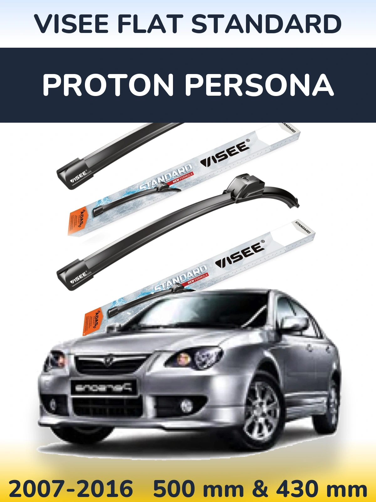 Komplet przednich wycieraczek VISEE FLAT STANDARD 500 & 430 mm do Proton Persona 2007-2016