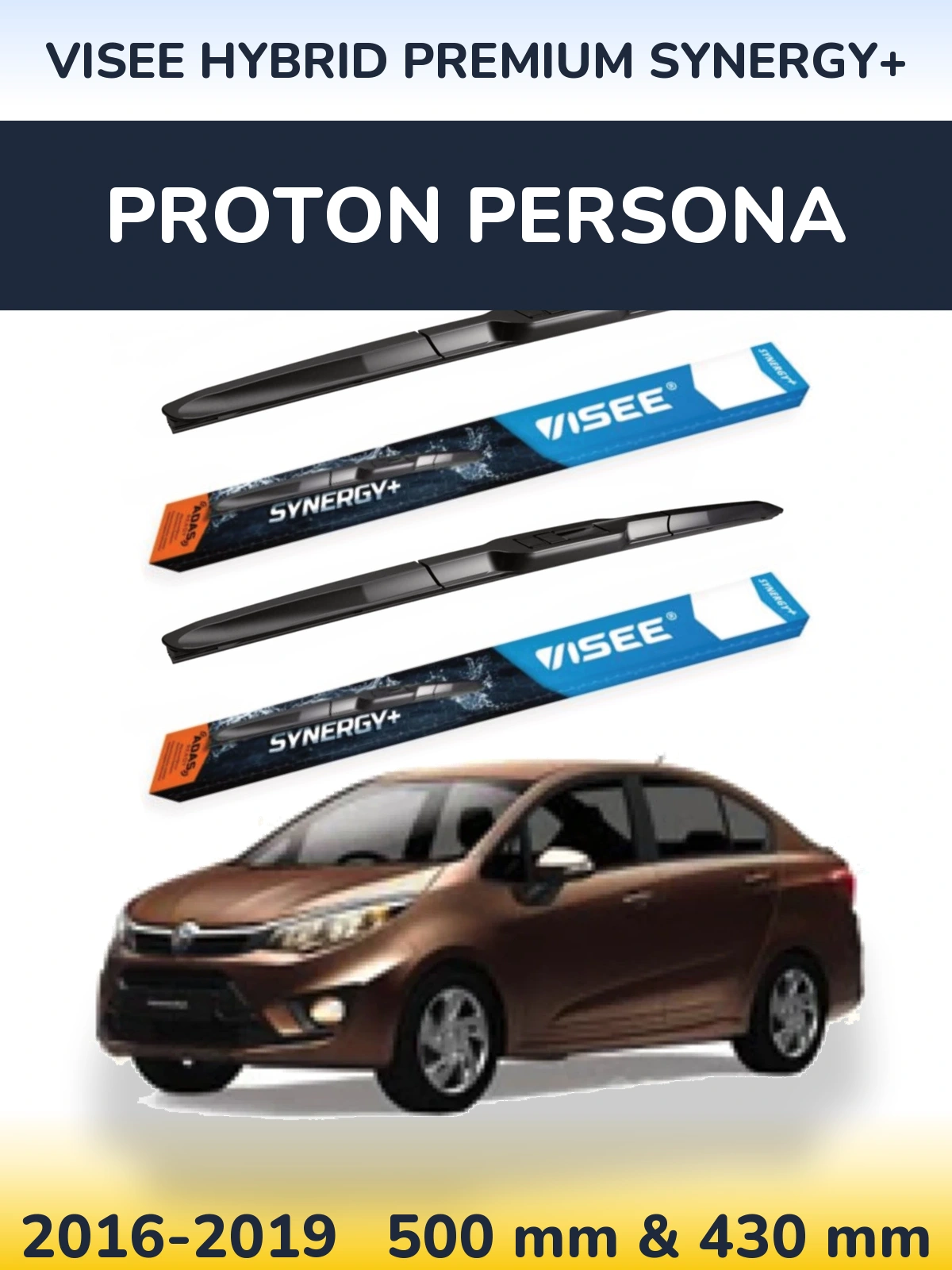 Komplet przednich wycieraczek VISEE HYBRID PREMIUM SYNERGY+ 500 & 430 mm do Proton Persona 2016-2019