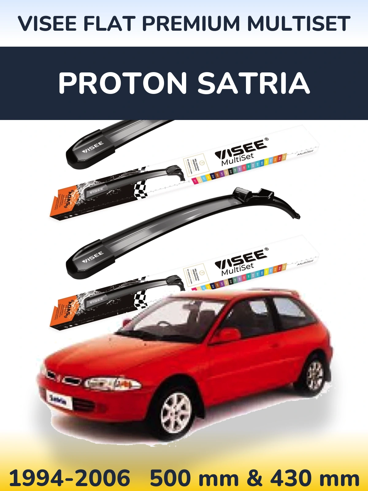 Komplet przednich wycieraczek VISEE FLAT PREMIUM MultiSet 500 & 430 mm do Proton Satria 1994-2006