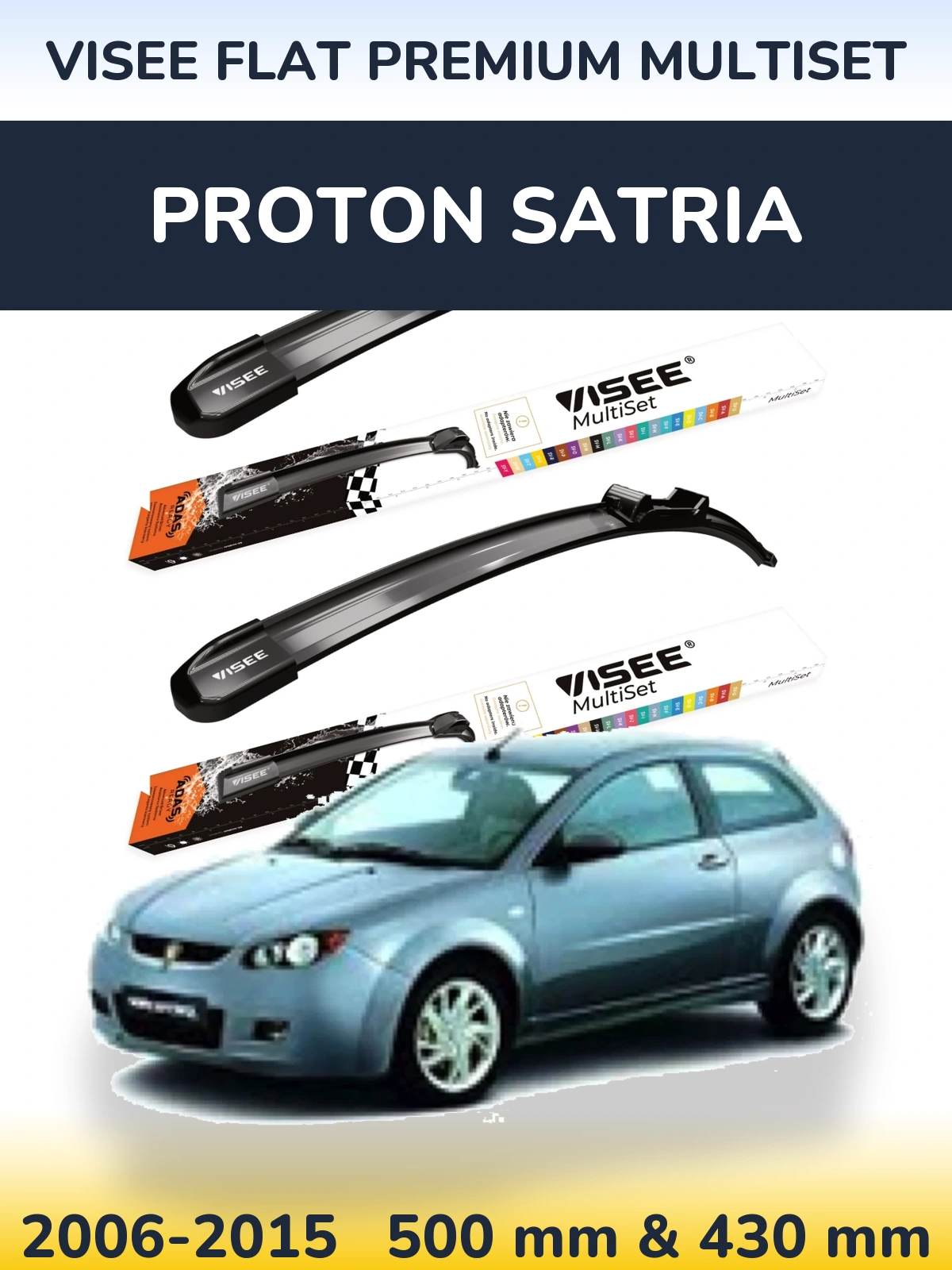 Komplet przednich wycieraczek VISEE FLAT PREMIUM MultiSet 500 & 430 mm do Proton Satria 2006-2015