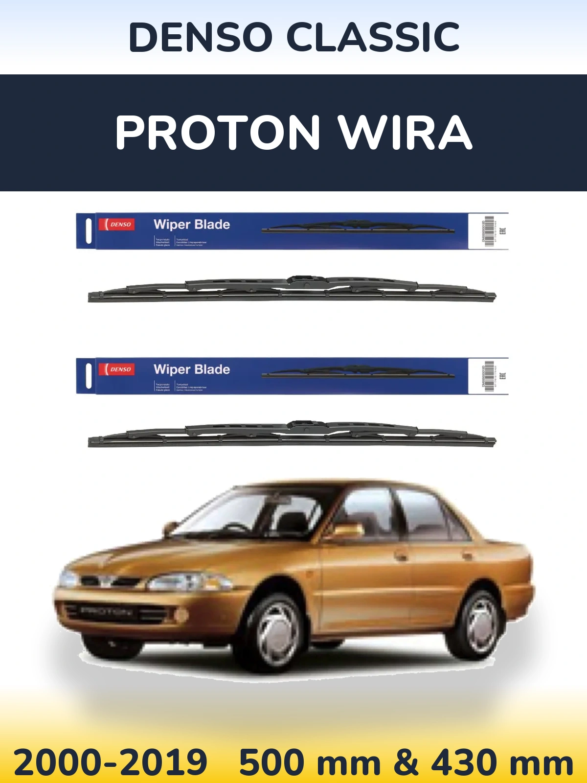 Front wiper blade set Denso Classic 500 & 430 mm for Proton Wira 2000-2019