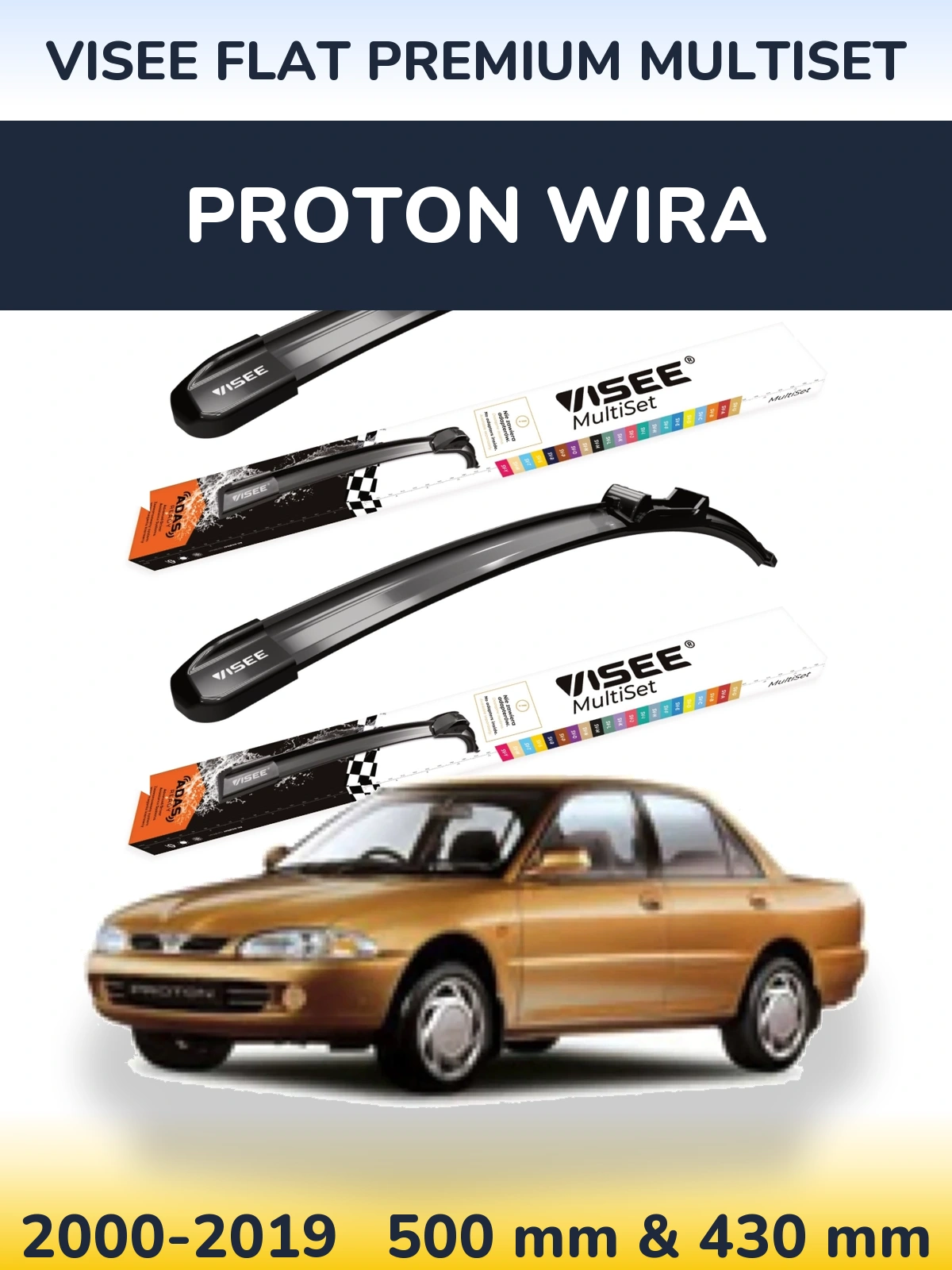 Komplet przednich wycieraczek VISEE FLAT PREMIUM MultiSet 500 & 430 mm do Proton Wira 2000-2019