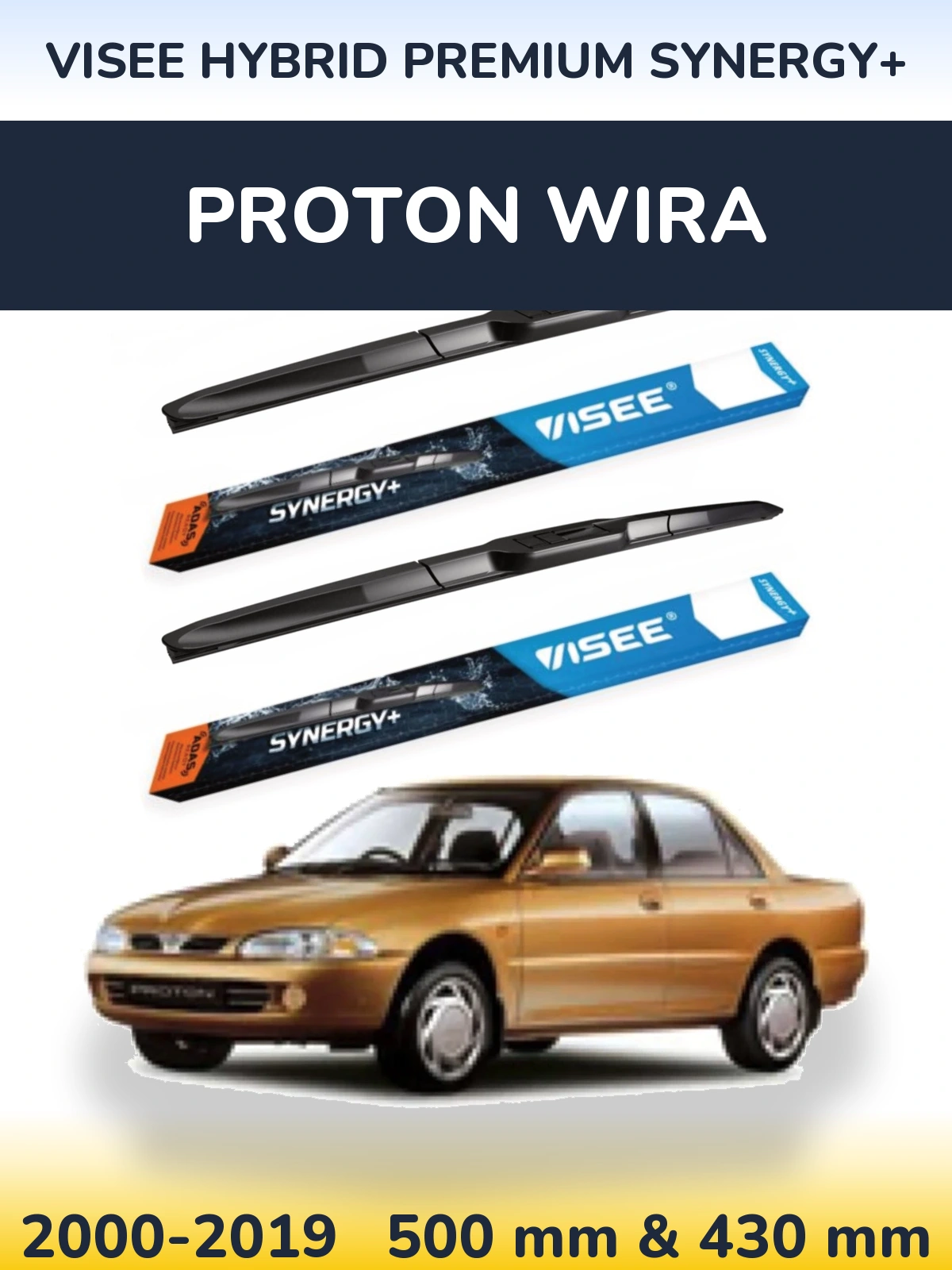 Komplet przednich wycieraczek VISEE HYBRID PREMIUM SYNERGY+ 500 & 430 mm do Proton Wira 2000-2019