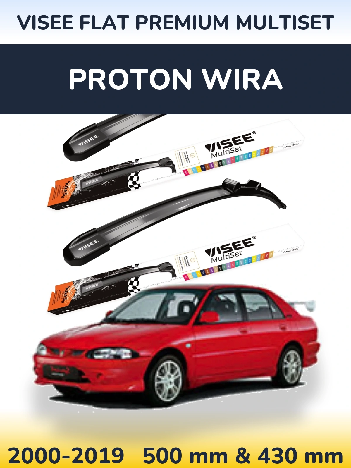 Front wiper blade set VISEE FLAT PREMIUM MultiSet 500 & 430 mm for Proton Wira 2000-2019
