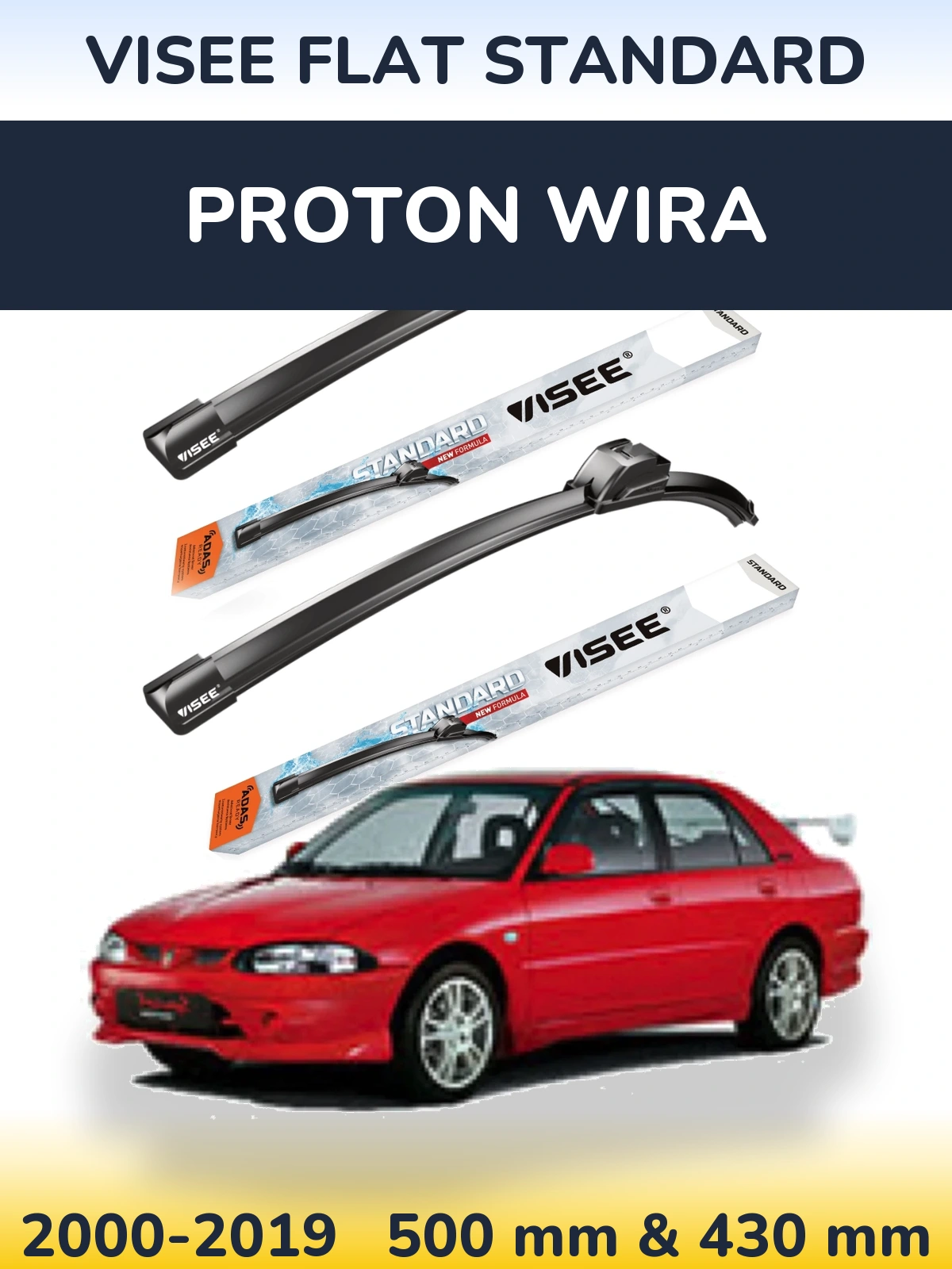 Komplet przednich wycieraczek VISEE FLAT STANDARD 500 & 430 mm do Proton Wira 2000-2019