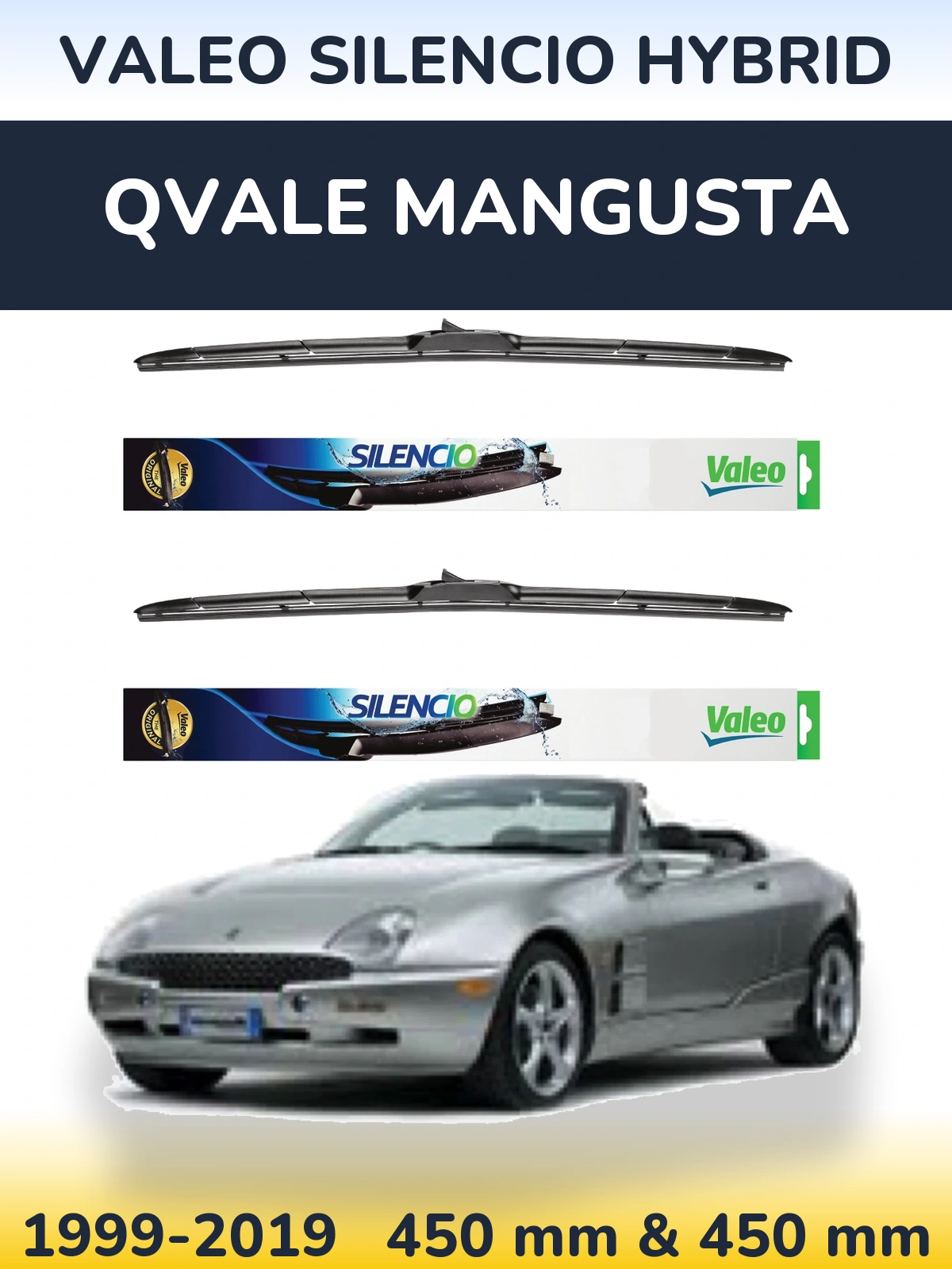 Komplet przednich wycieraczek Valeo Silencio Hybrid 450 & 450 mm do Qvale Mangusta 1999-2019