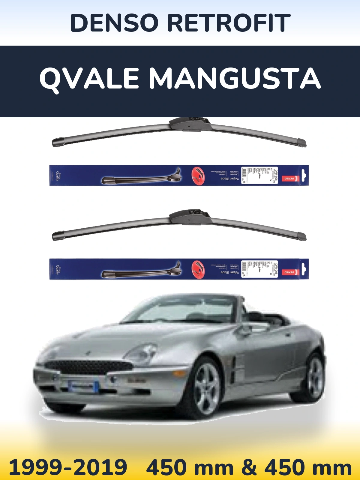 Komplet przednich wycieraczek Denso Retrofit 450 & 450 mm do Qvale Mangusta 1999-2019