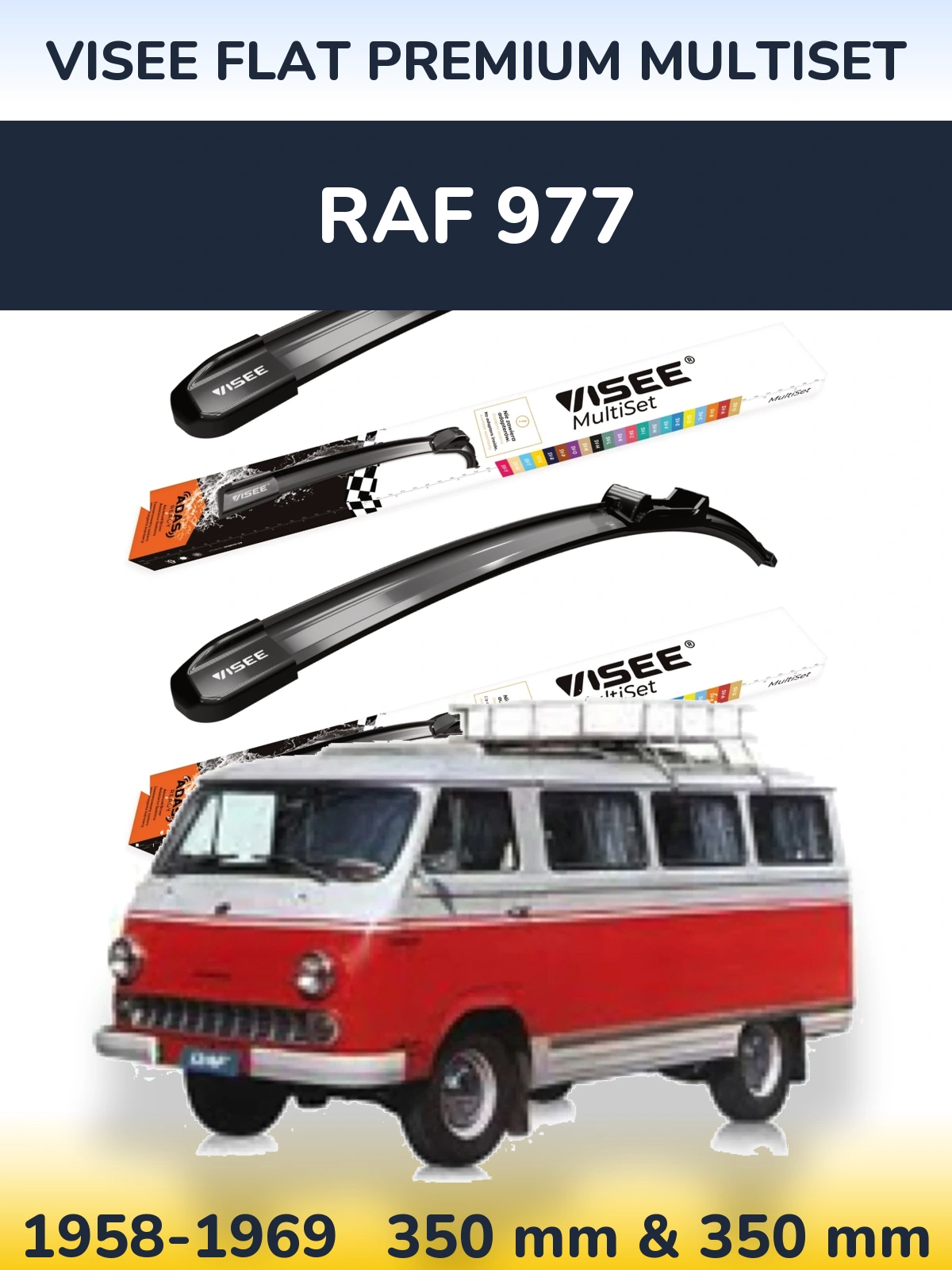 Komplet przednich wycieraczek VISEE FLAT PREMIUM MultiSet 350 & 350 mm do RAF 977 1958-1969