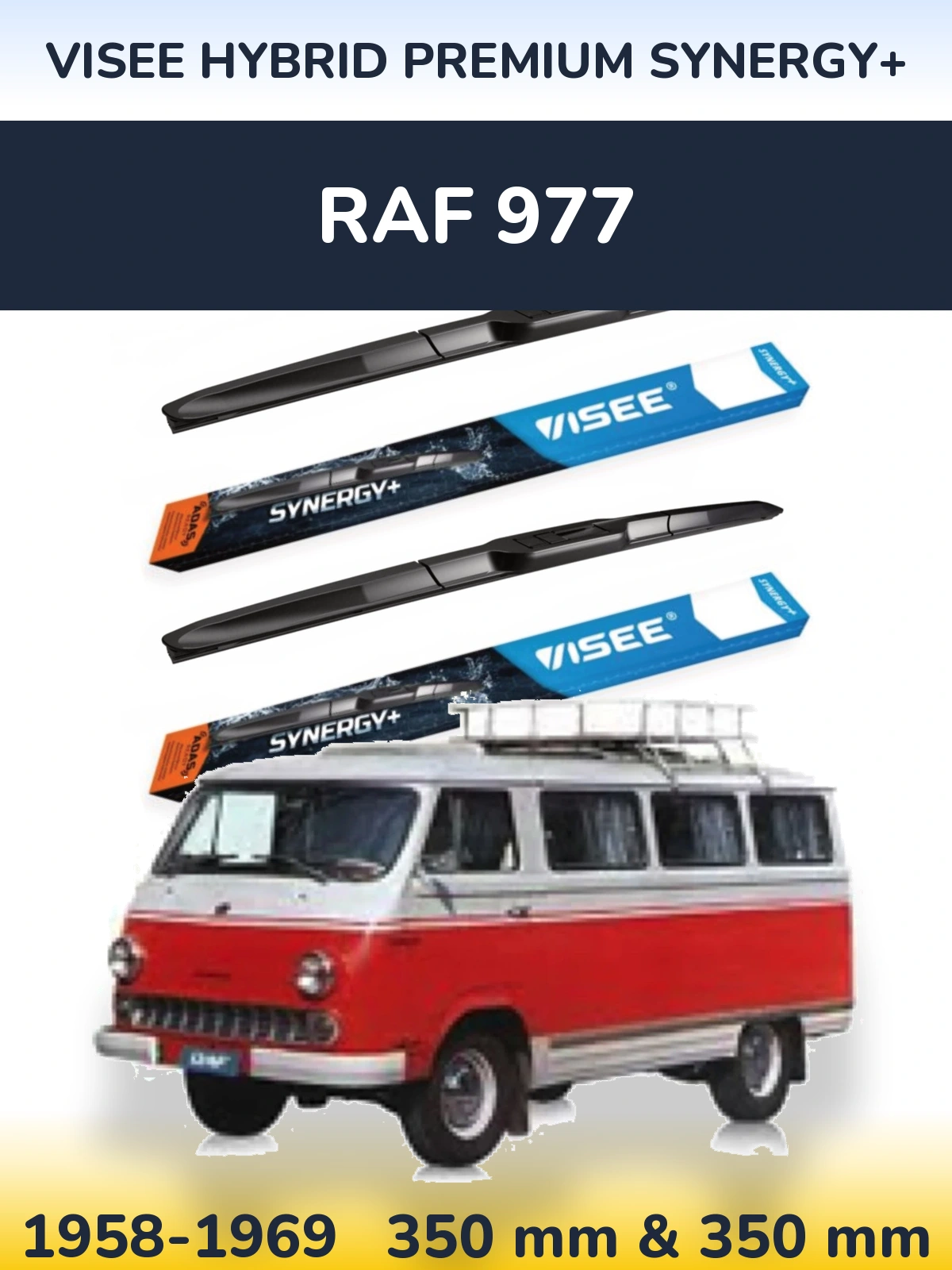 Komplet przednich wycieraczek VISEE HYBRID PREMIUM SYNERGY+ 350 & 350 mm do RAF 977 1958-1969