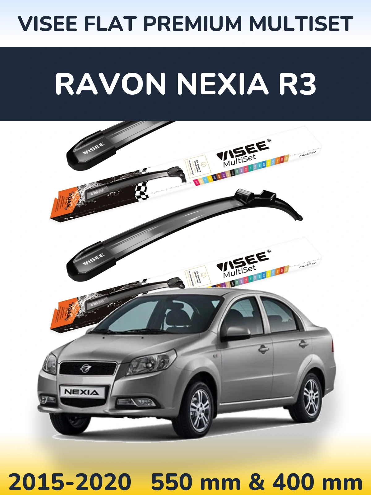 Komplet przednich wycieraczek VISEE FLAT PREMIUM MultiSet 550 & 400 mm do Ravon Nexia R3 2015-2020