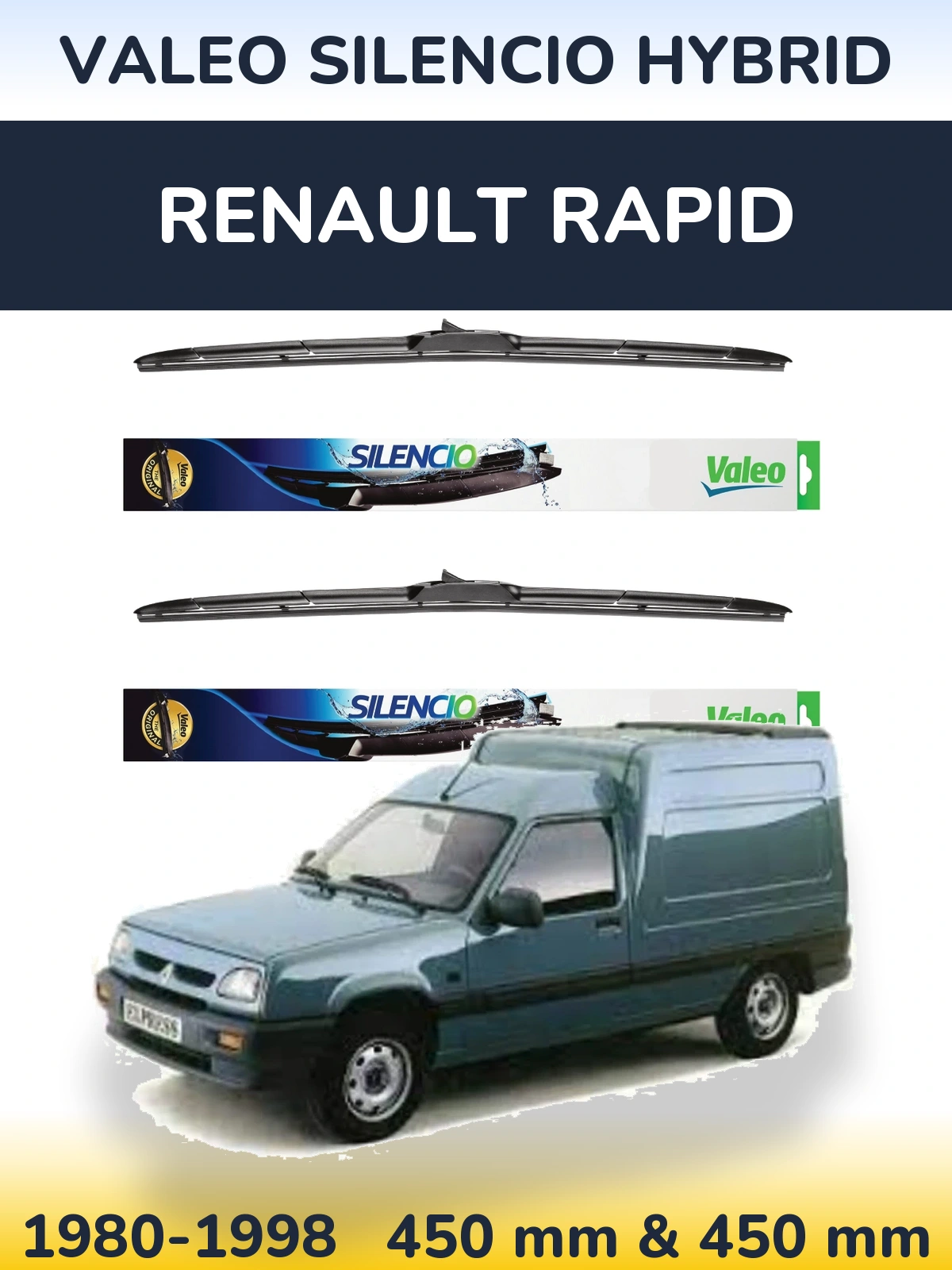 Komplet przednich wycieraczek Valeo Silencio Hybrid 450 & 450 mm do Renault Rapid 1980-1998