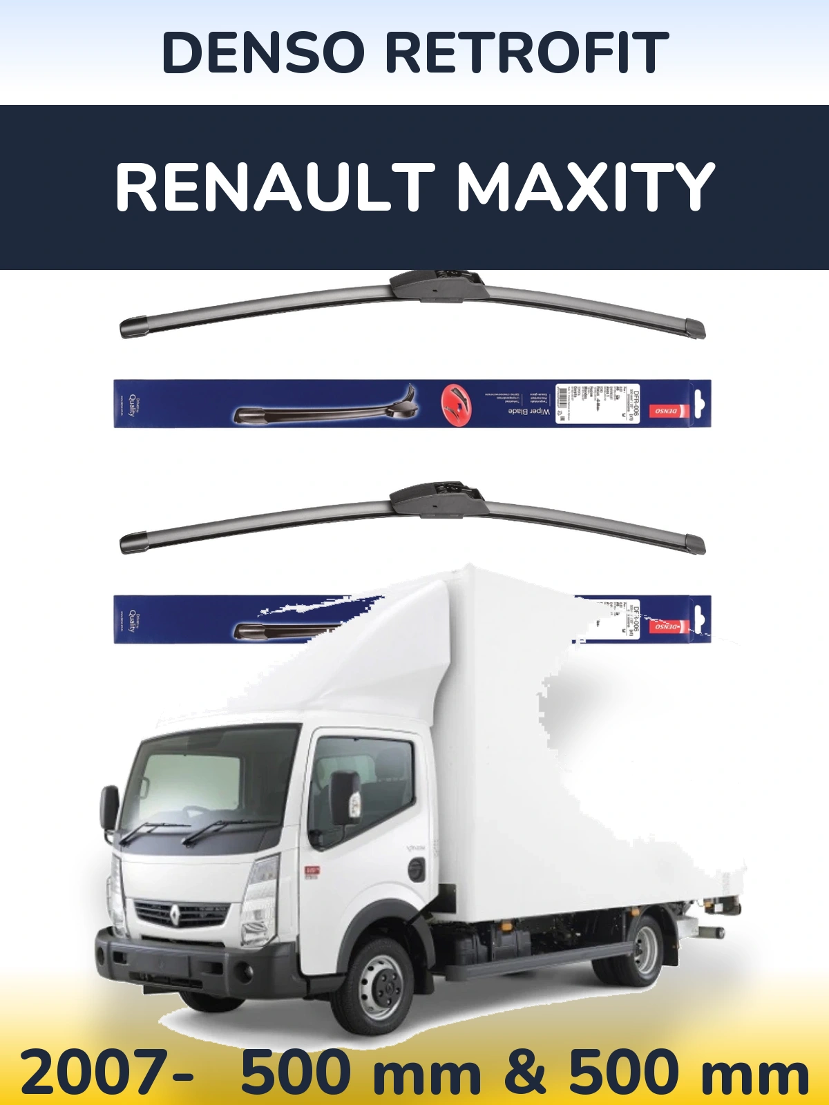 Front wiper blade set Denso Retrofit 500 & 500 mm for Renault Maxity 2007-2026