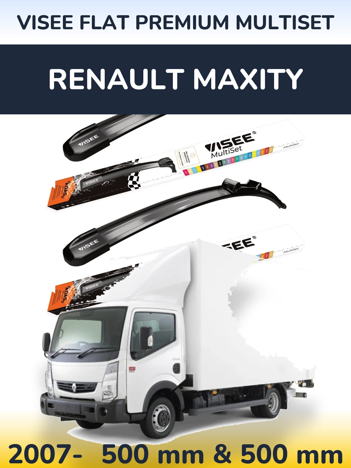 Front wiper blade set VISEE FLAT PREMIUM MultiSet 500 & 500 mm for Renault Maxity 2007-2026