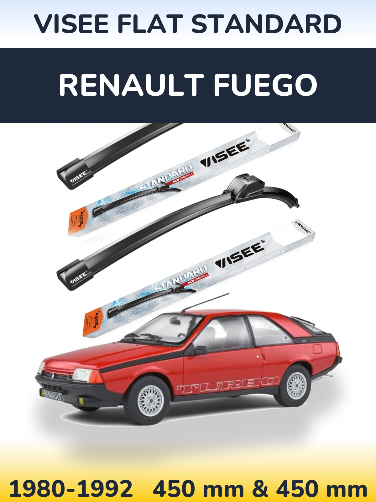 Komplet przednich wycieraczek VISEE FLAT STANDARD 450 & 450 mm do Renault Fuego 1980-1992