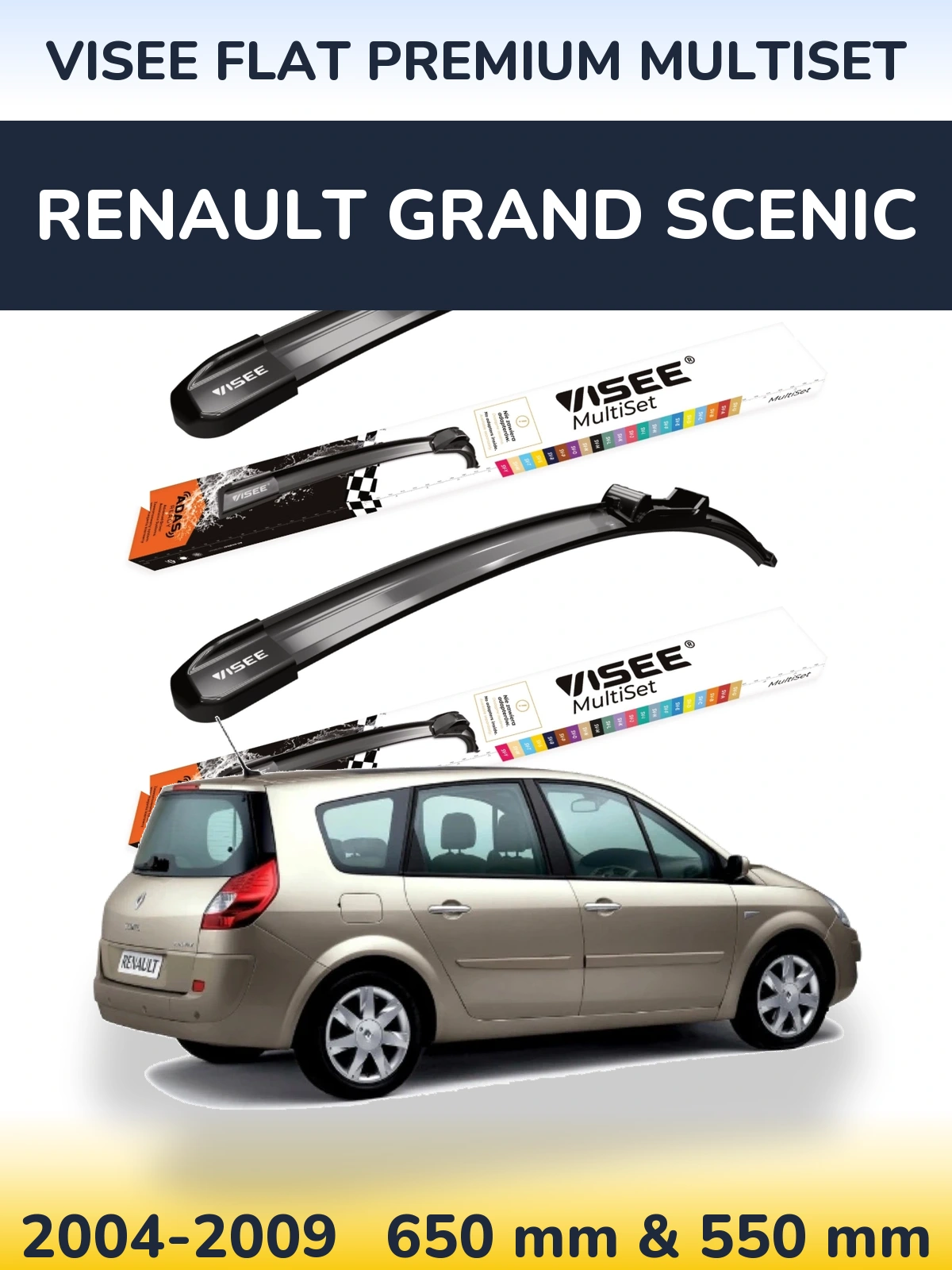 Komplet przednich wycieraczek VISEE FLAT PREMIUM MultiSet 650 & 550 mm do Renault Grand Scenic 2004-2009