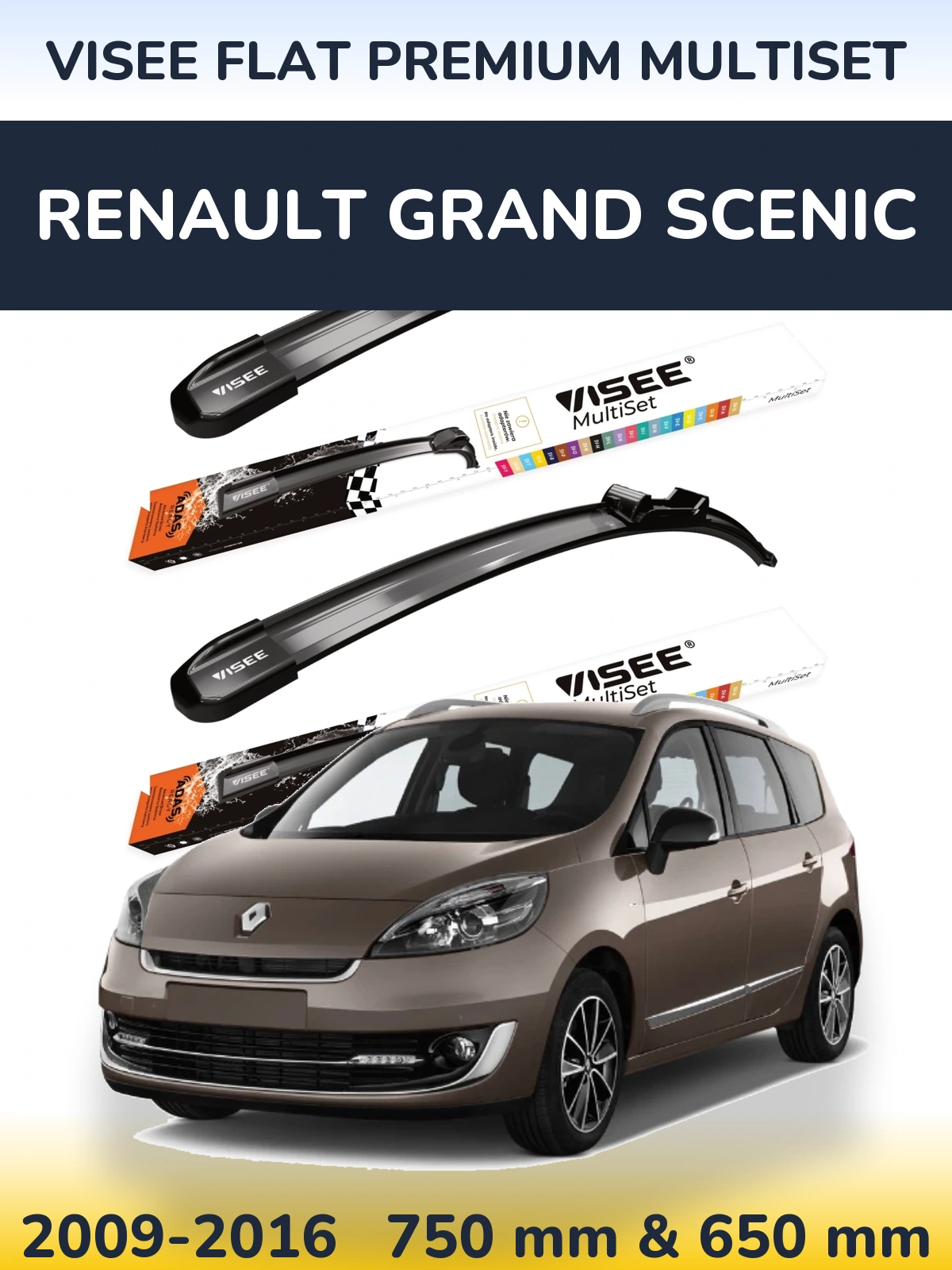 Komplet przednich wycieraczek VISEE FLAT PREMIUM MultiSet 750 & 650 mm do Renault Grand Scenic 2009-2016