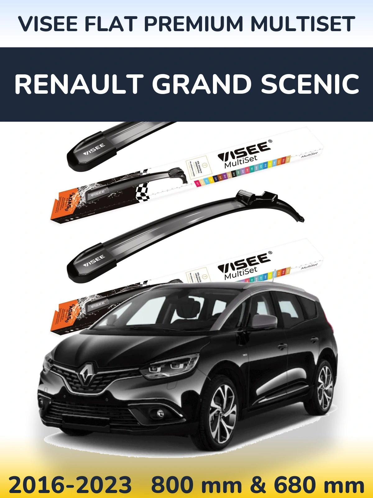 Комплект передних дворников VISEE FLAT PREMIUM MultiSet 800 & 680 мм для Renault Grand Scenic 2016-2023
