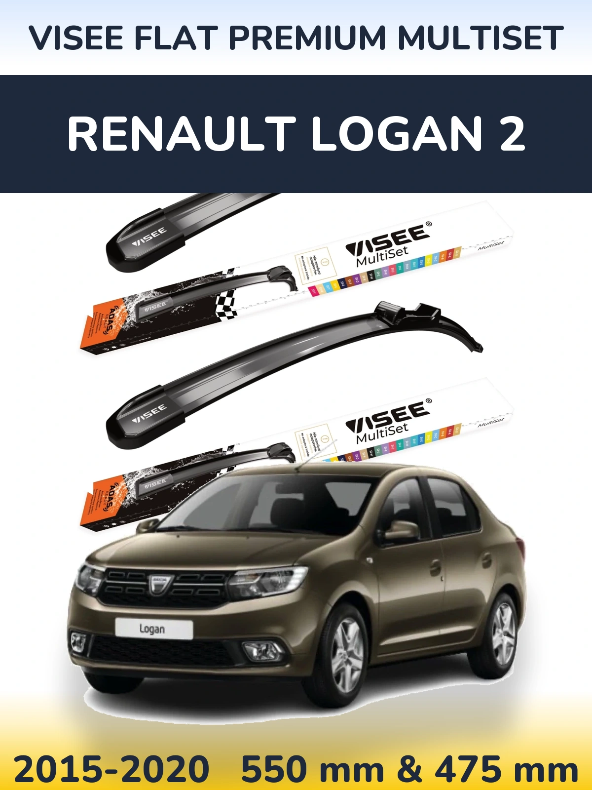 Front wiper blade set VISEE FLAT PREMIUM MultiSet 550 & 475 mm for Renault Logan 2 2015-2020