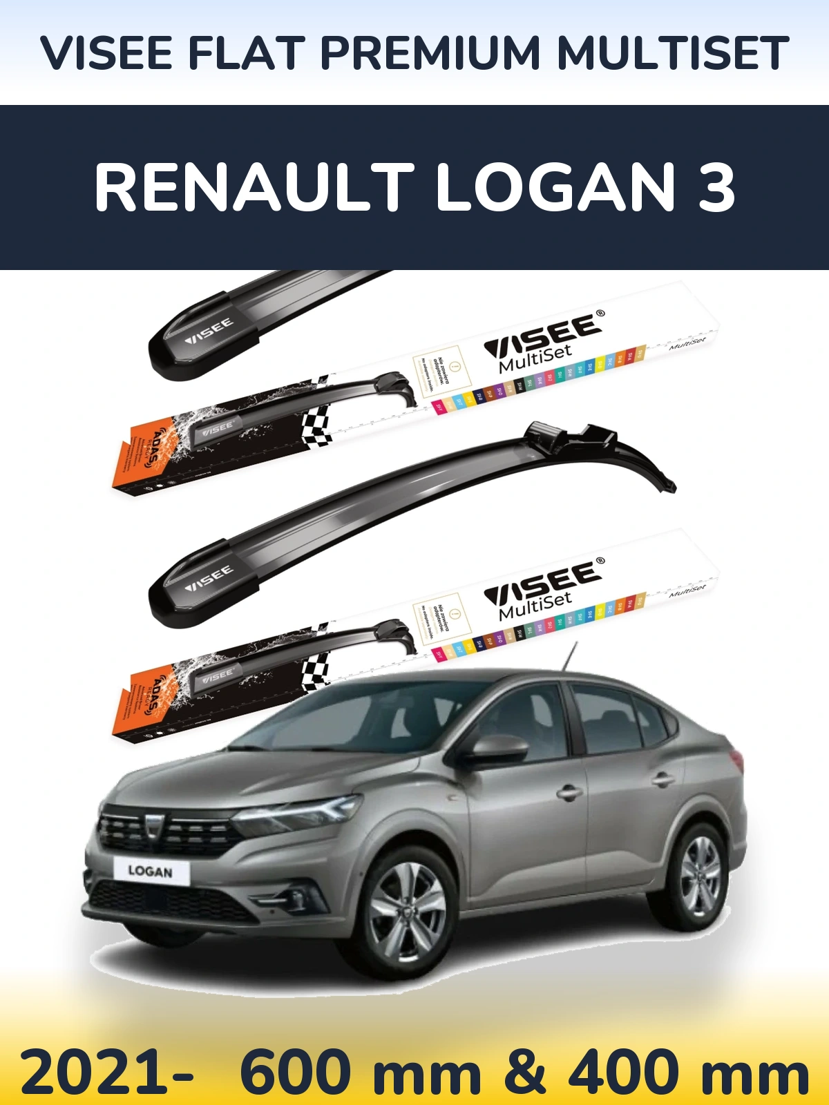Front wiper blade set VISEE FLAT PREMIUM MultiSet 600 & 400 mm for Renault Logan 3 2021-2026